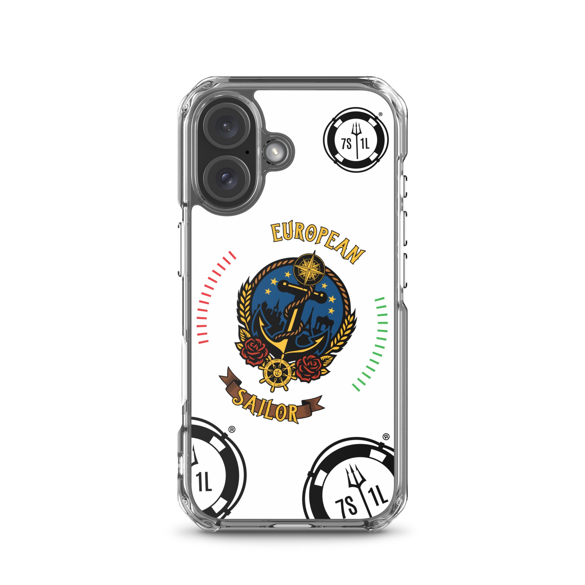 European Sailor iPhone case by 7SHORT1LONG® with maritime anchor design on a clear protective phone cover.
