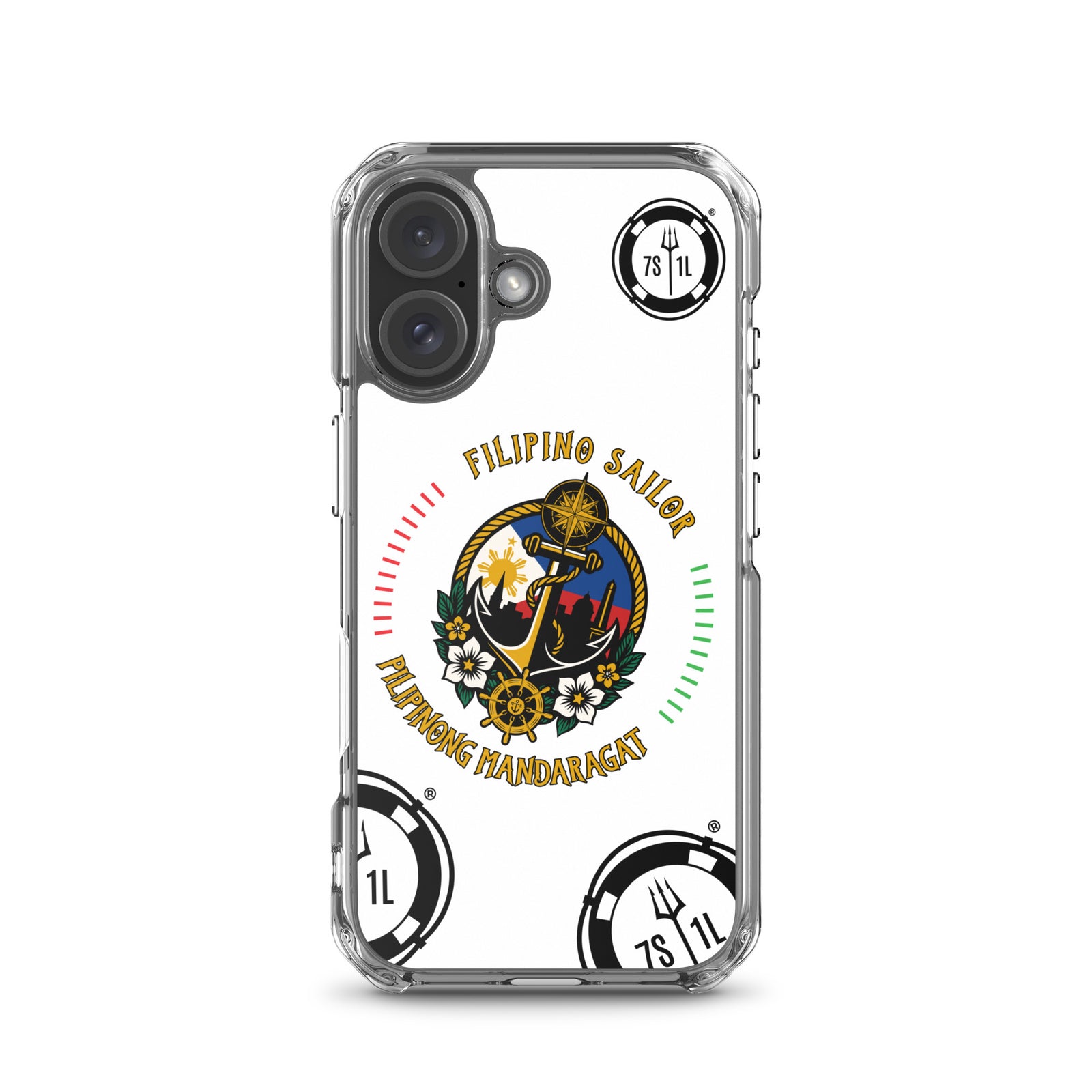 Clear Filipino Sailor iPhone case with seafarer anchor design for iPhone 16 by 7SHORT1LONG® shown on phone.