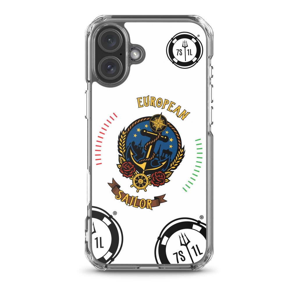 European Sailor iPhone Case by 7SHORT1LONG® featuring a maritime anchor design on a clear protective cover for iPhone 16 Plus.