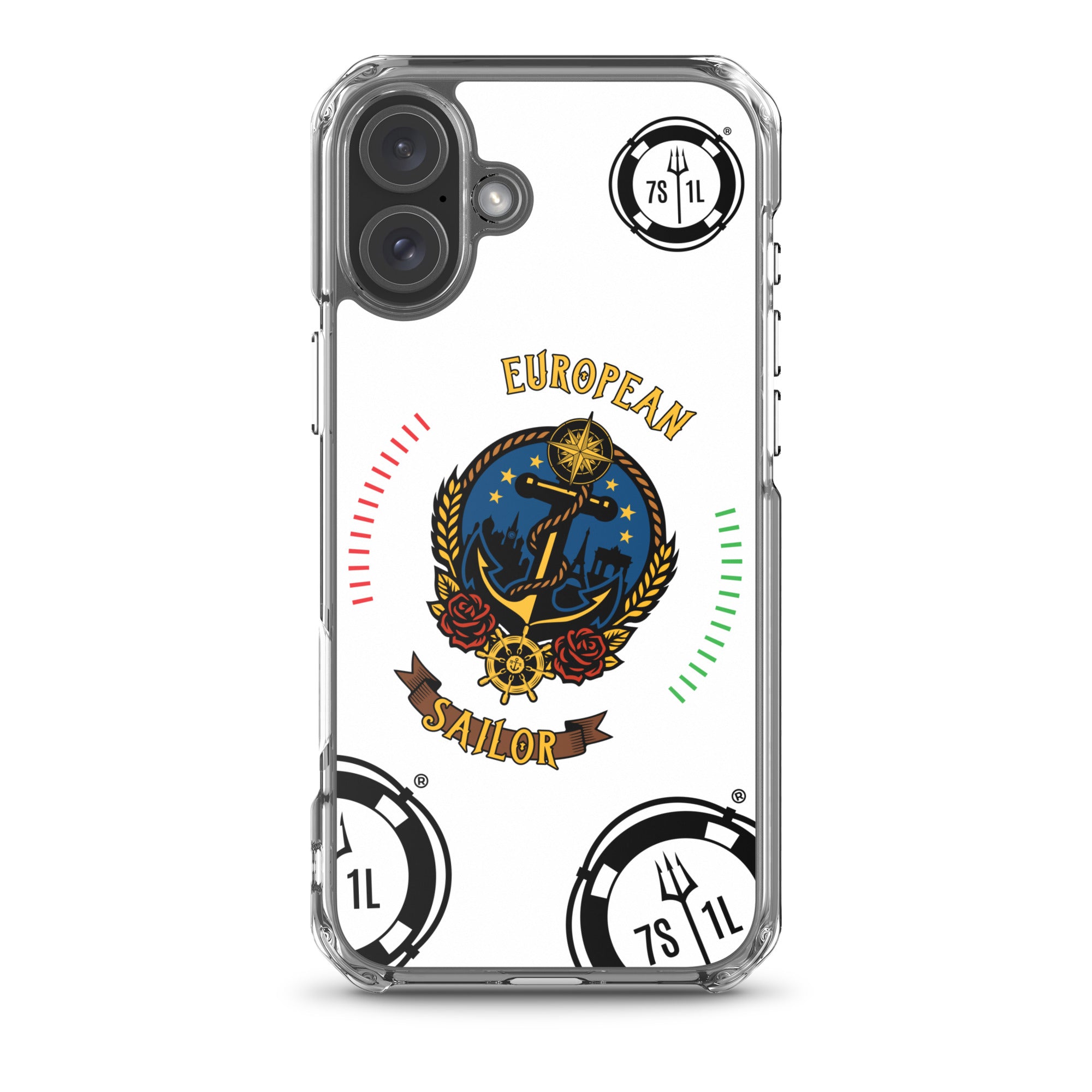 European Sailor iPhone Case by 7SHORT1LONG® featuring a maritime anchor design on a clear protective cover for iPhone 16 Plus.