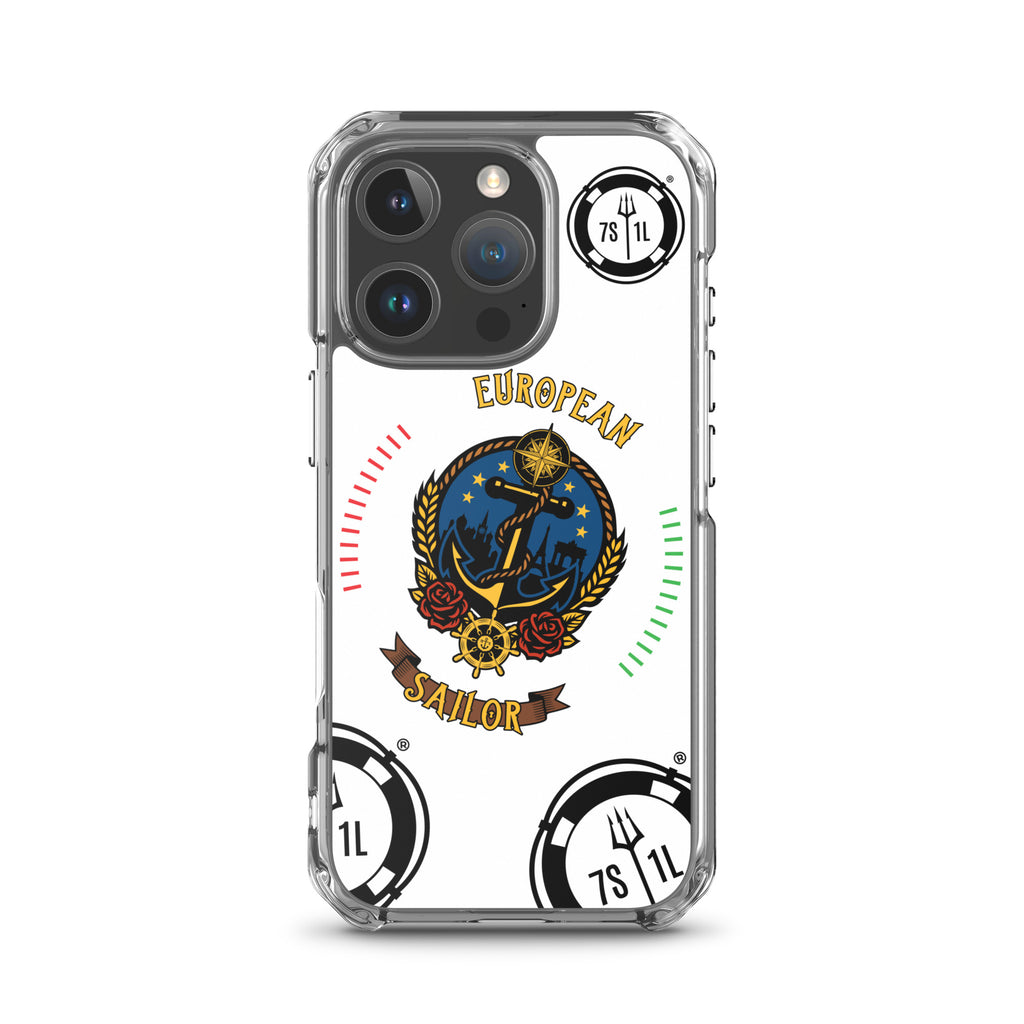 Clear European Sailor iPhone 16 Pro case with maritime anchor design from 7SHORT1LONG®, showing the case on the phone.