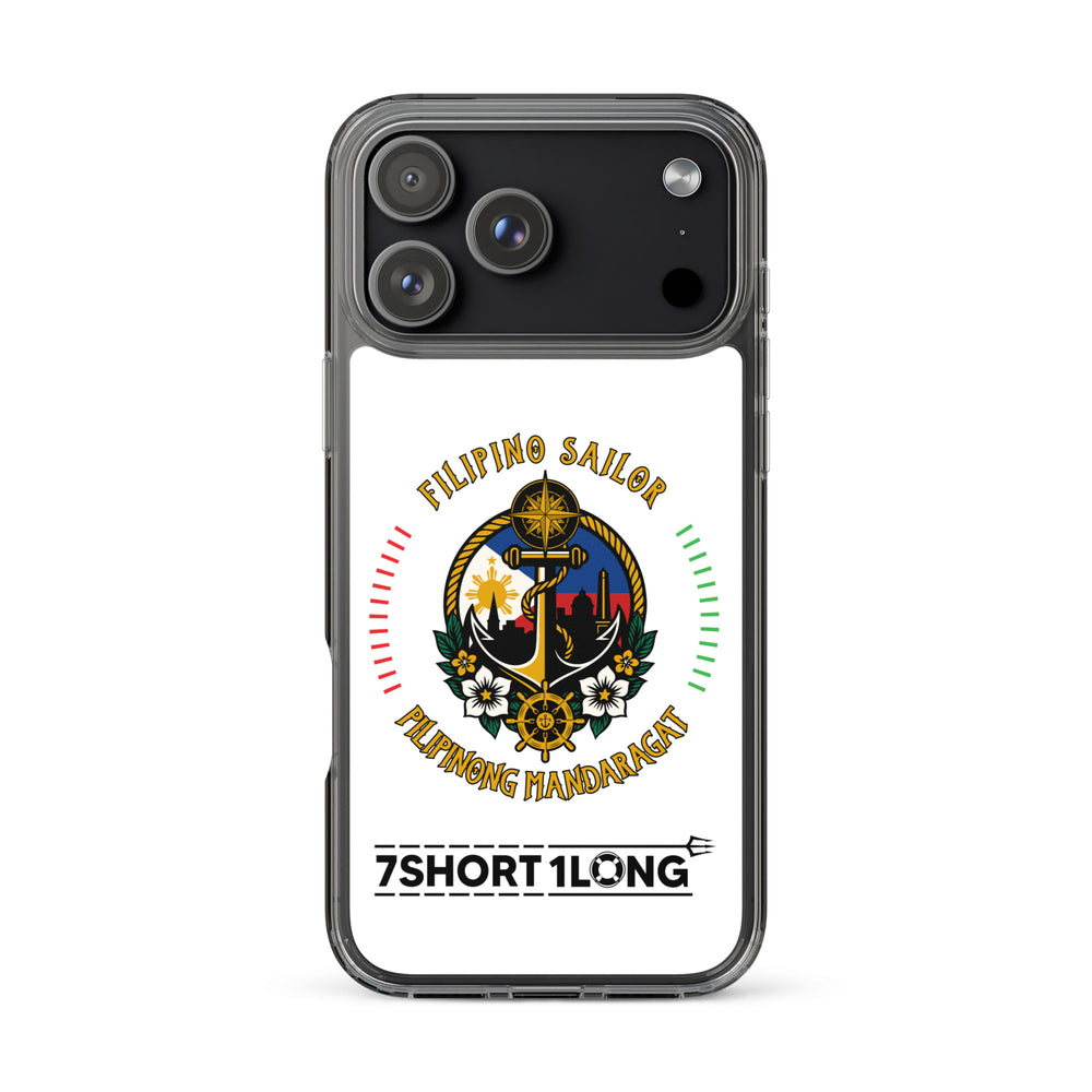 Clear iPhone case with Philippine Sailor and Philippine Navy design featuring maritime anchor emblem, nautical symbols, Filipino crew identity, and 7SHORT1LONG logo.