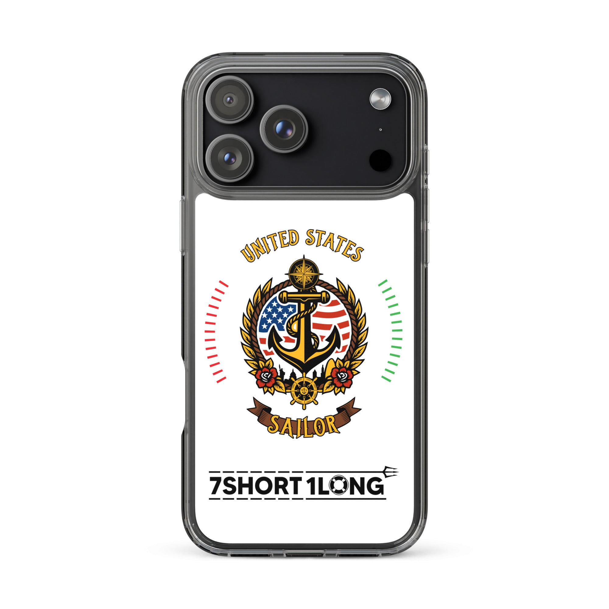 Clear iPhone case with US Seafarer and US Sailor design featuring maritime anchor emblem, nautical symbols, American crew identity, and 7SHORT1LONG logo. Main image