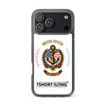 Clear iPhone case with US Seafarer and US Sailor design featuring maritime anchor emblem, nautical symbols, American crew identity, and 7SHORT1LONG logo.