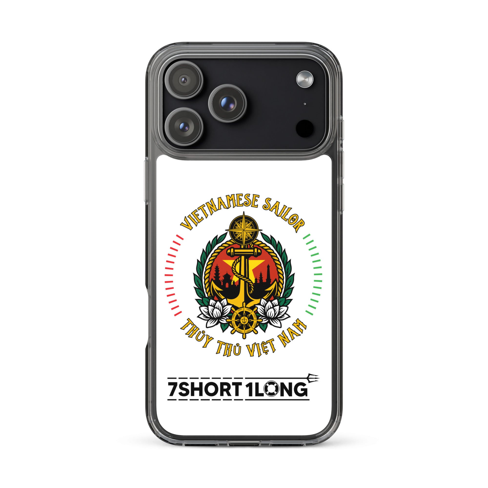 Clear iPhone case with Vietnamese Seafarer design featuring maritime anchor emblem, Vietnamese flag colors, nautical symbols, and 7SHORT1LONG logo for crew members. Main image
