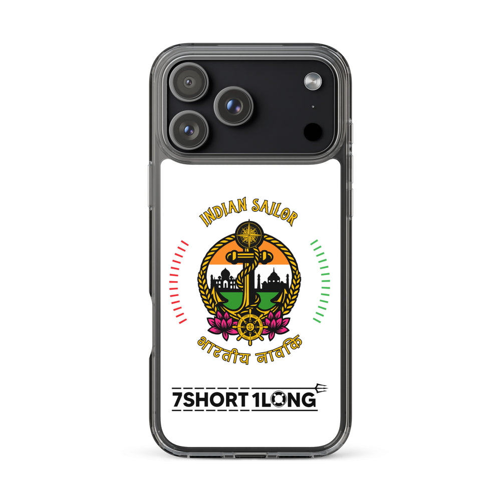 Clear iPhone case with Indian Seafarer design featuring maritime anchor emblem, Indian flag colors, nautical symbols, and 7SHORT1LONG logo for crew members.