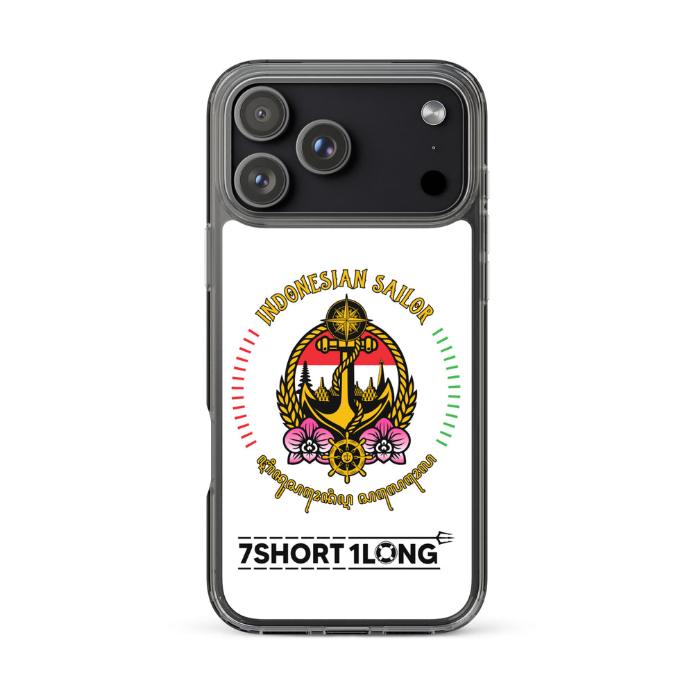 Clear iPhone case with Indonesian Sailor design featuring anchor emblem, Indonesian flag colors, maritime symbols, and 7SHORT1LONG logo, made for seafarers and crew members