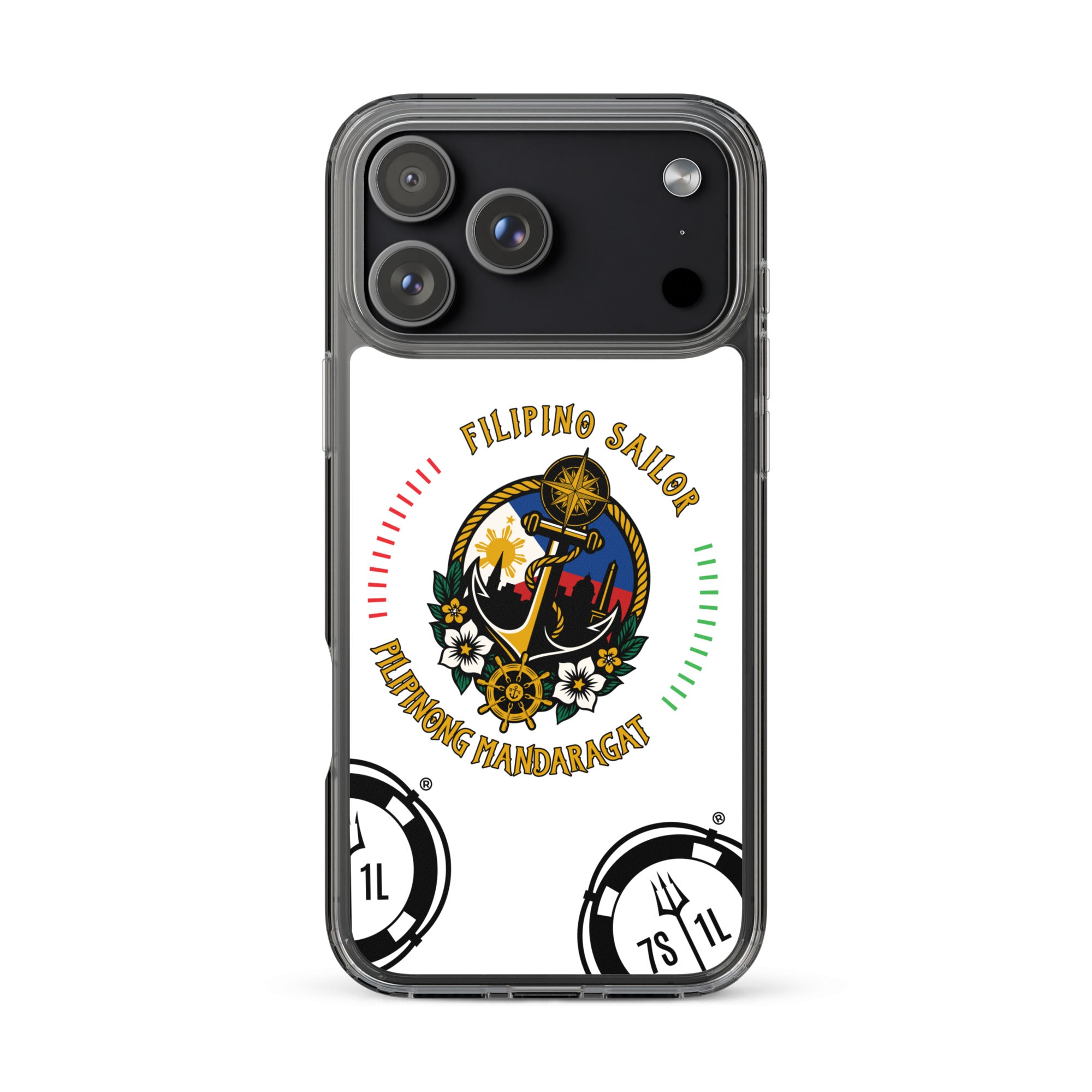 Clear Filipino Sailor iPhone 17 Pro Max case with anchor design by 7SHORT1LONG® on a phone. Main image