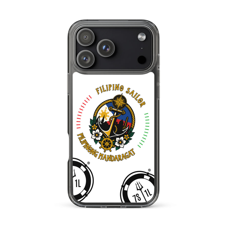 Clear Filipino Sailor iPhone 17 Pro Max case with anchor design by 7SHORT1LONG® on a phone.
