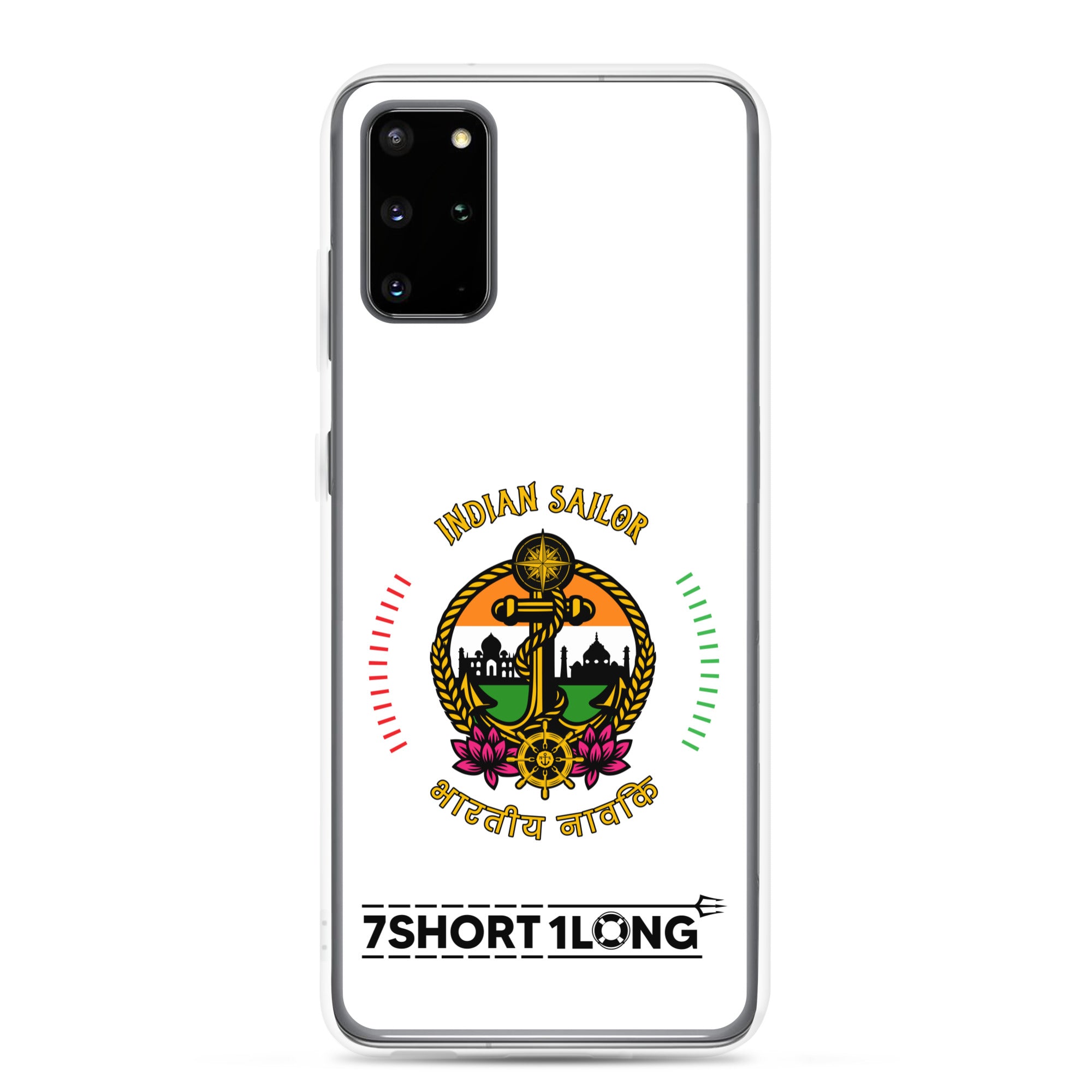 Samsung phone case with Indian Sailor design featuring maritime anchor emblem, nautical symbols, Indian crew identity, and 7SHORT1LONG logo. Main image