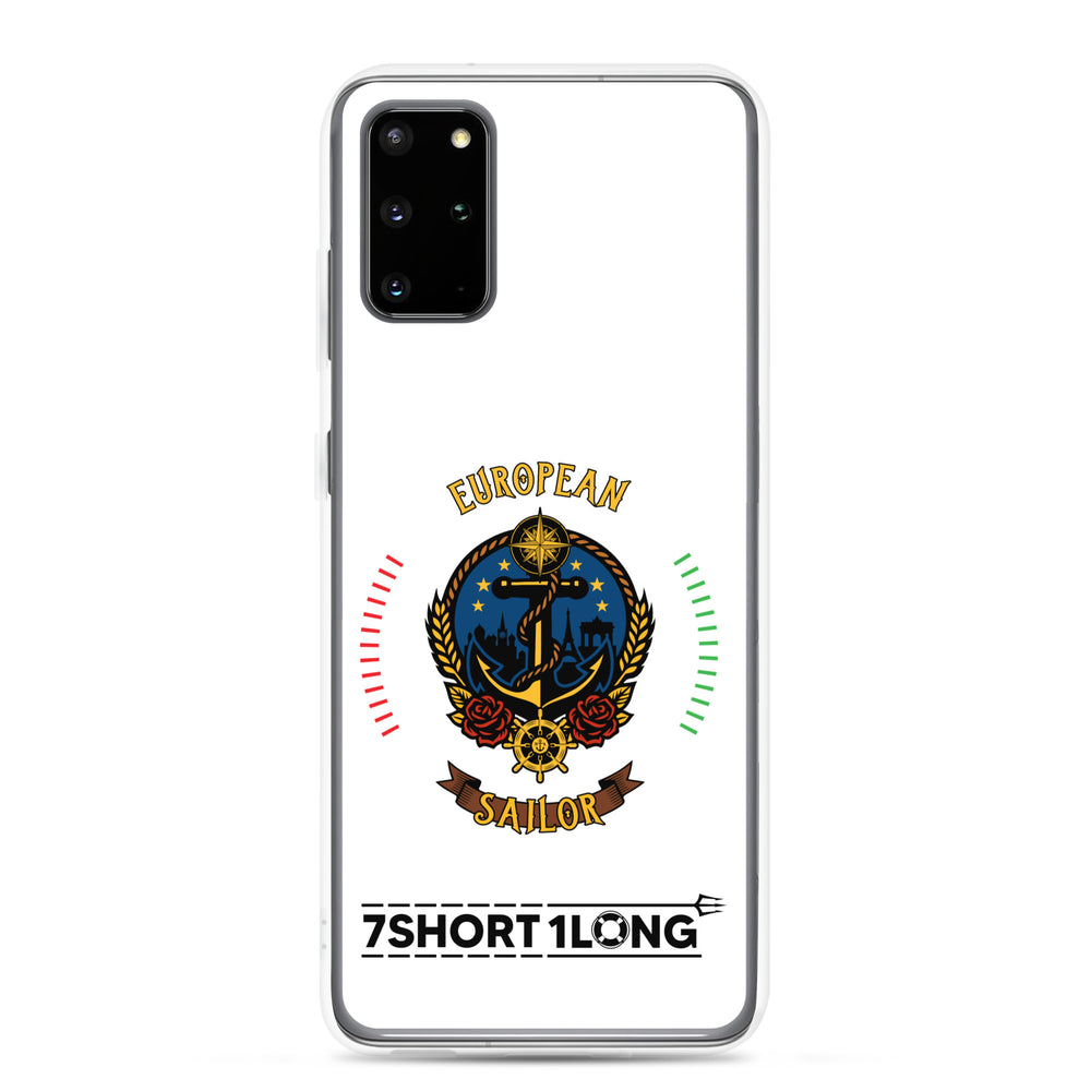 Samsung phone case with European Sailor design featuring maritime anchor emblem, nautical symbols, European crew identity, and 7SHORT1LONG logo.