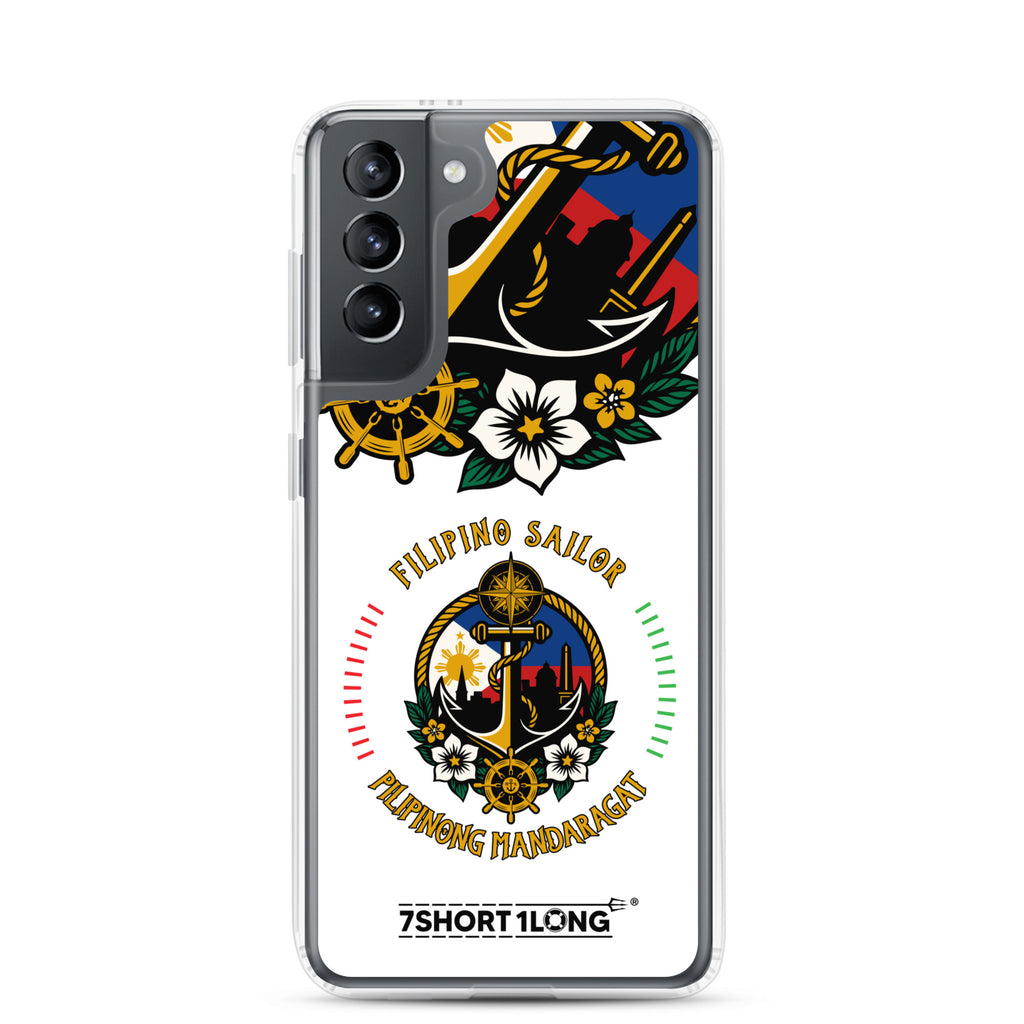 Clear Samsung Galaxy S21 case with Filipino nautical seafarer anchor design by 7SHORT1LONG® showing the case on the phone.
