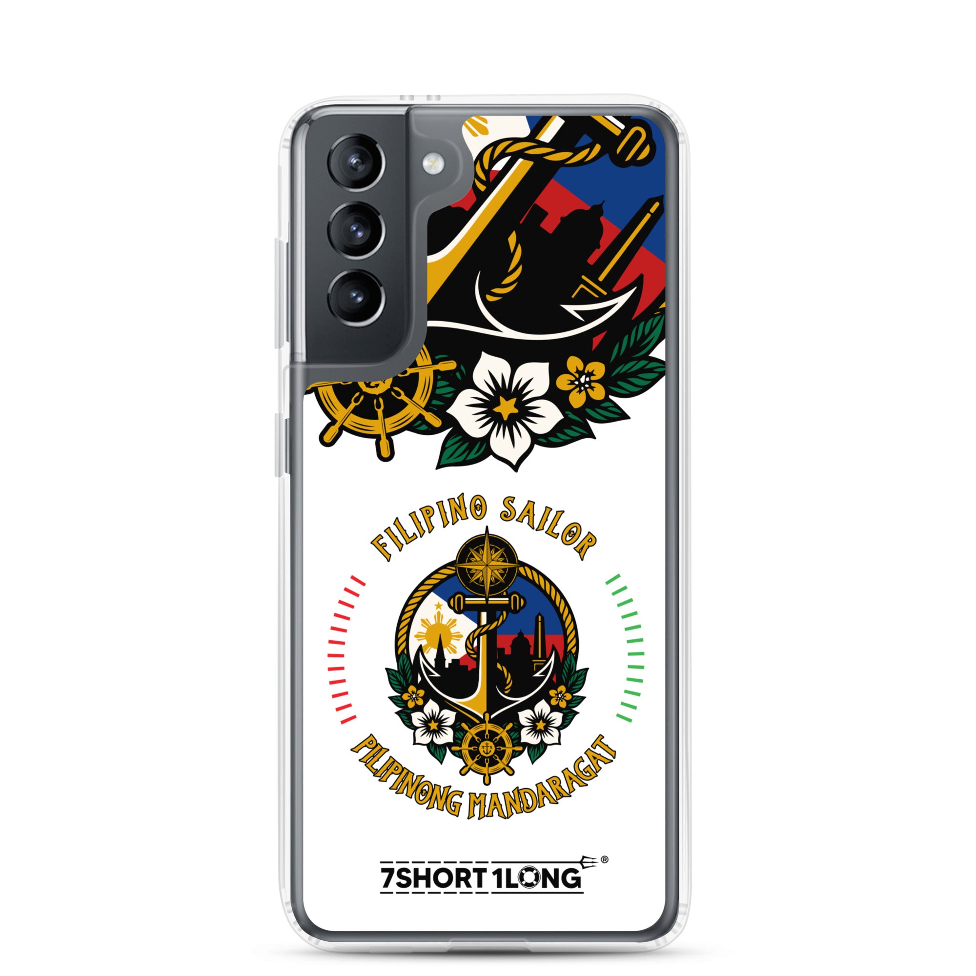 Clear Samsung Galaxy S21 case with Filipino nautical seafarer anchor design by 7SHORT1LONG® showing the case on the phone.