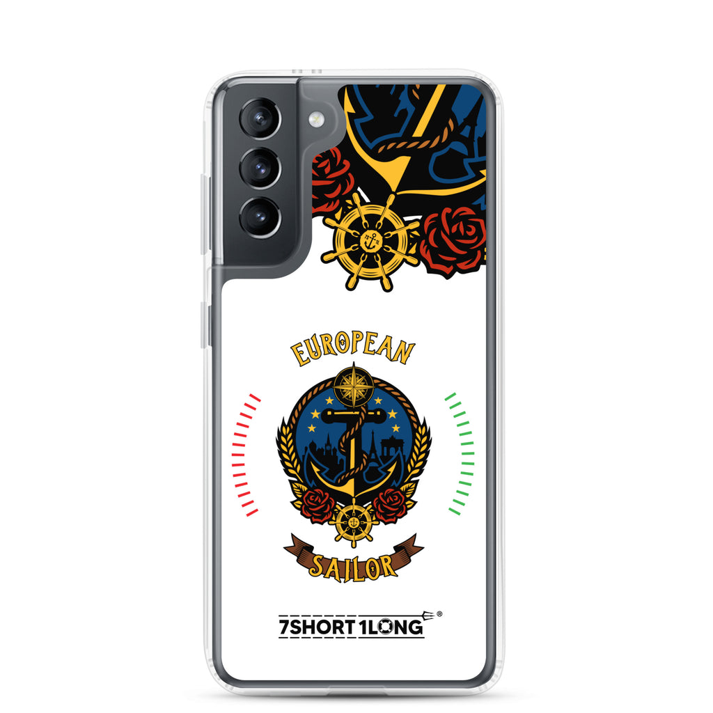Clear Samsung Galaxy S21 case with European sailor seafarer anchor design by 7SHORT1LONG®, showcasing the detailed anchor pattern.