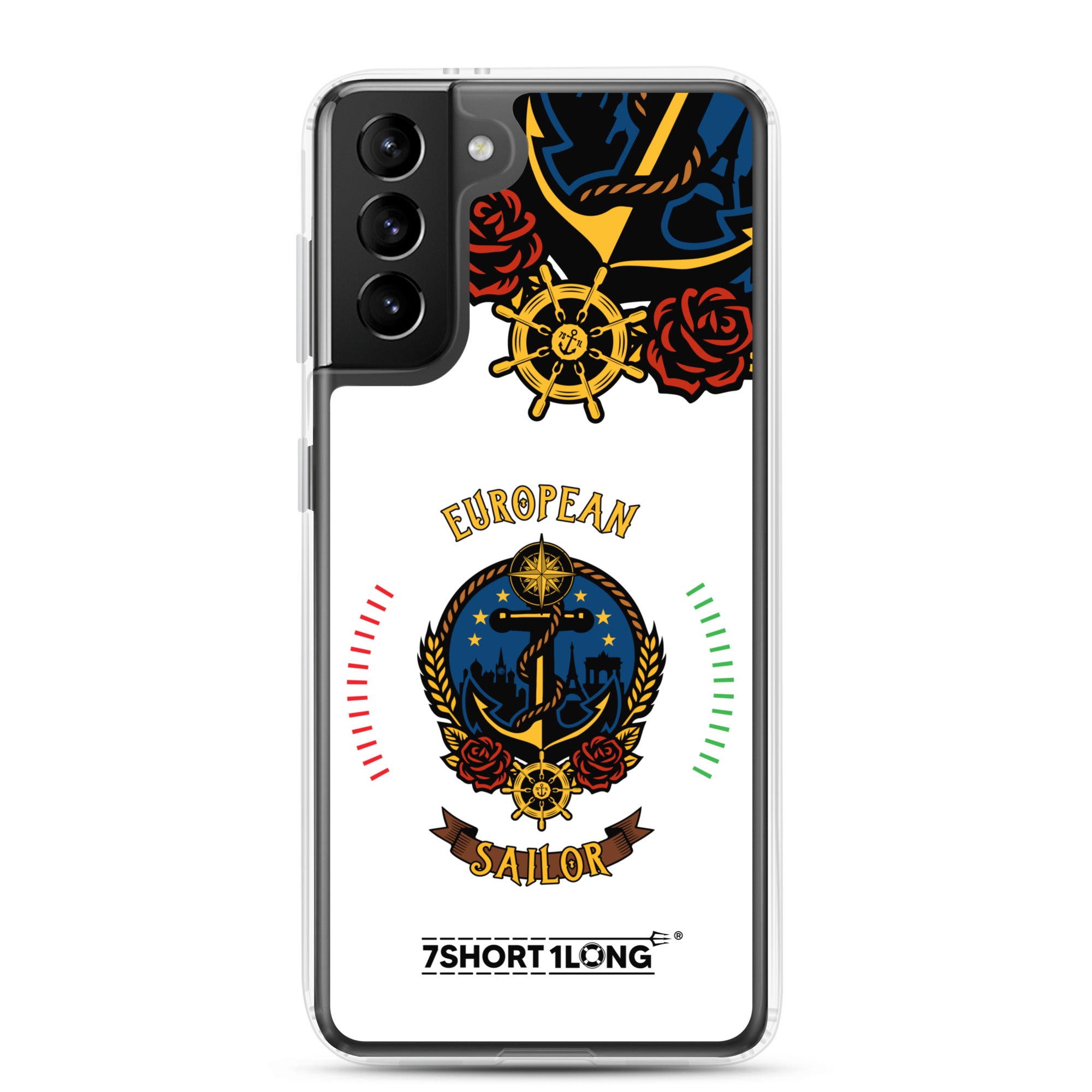 Clear Samsung Galaxy S21 Plus case with European sailor anchor design by 7SHORT1LONG® featuring seafarer-themed artwork