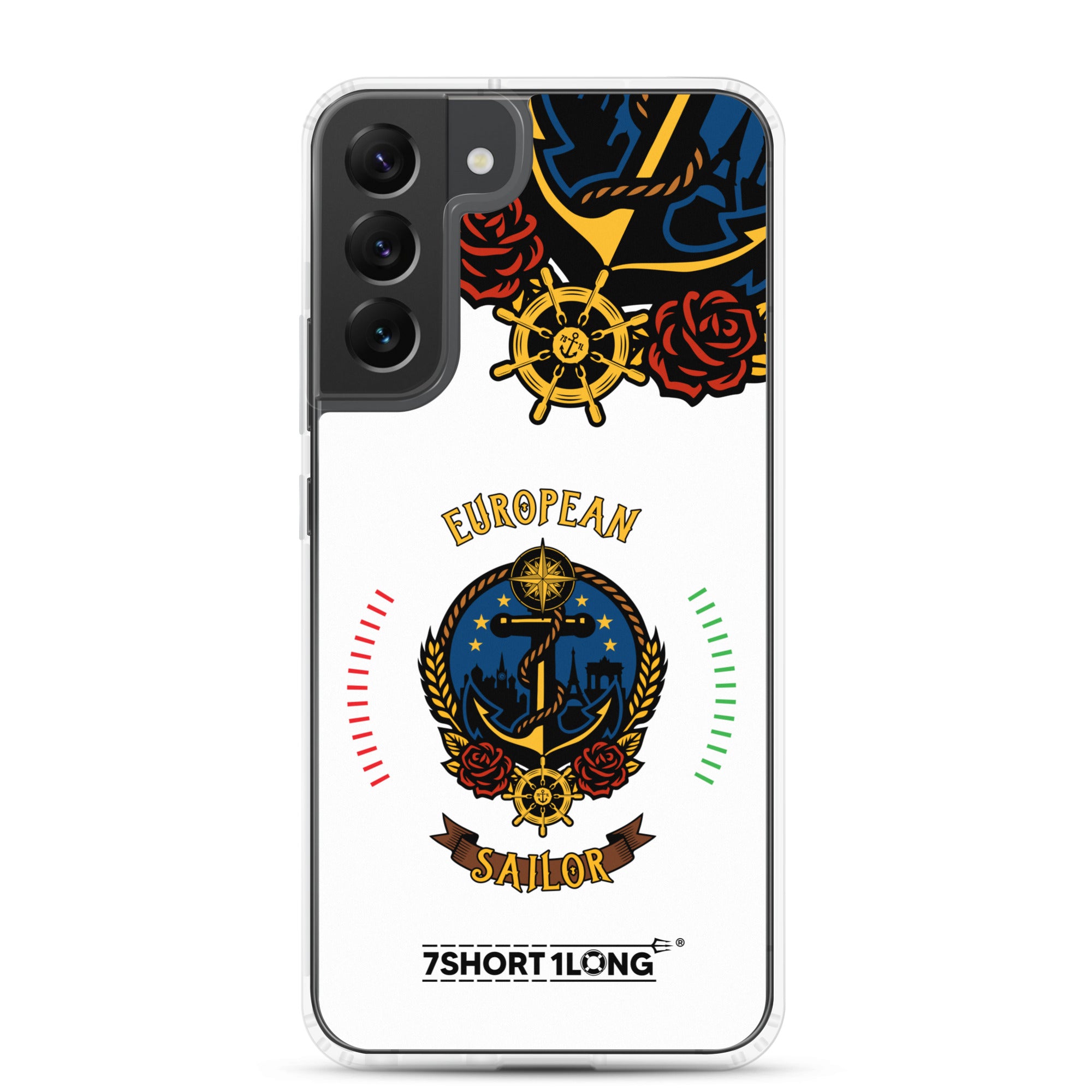 Clear Samsung Galaxy S22 Plus case with European sailor anchor design by 7SHORT1LONG® featuring seafarer-themed artwork.