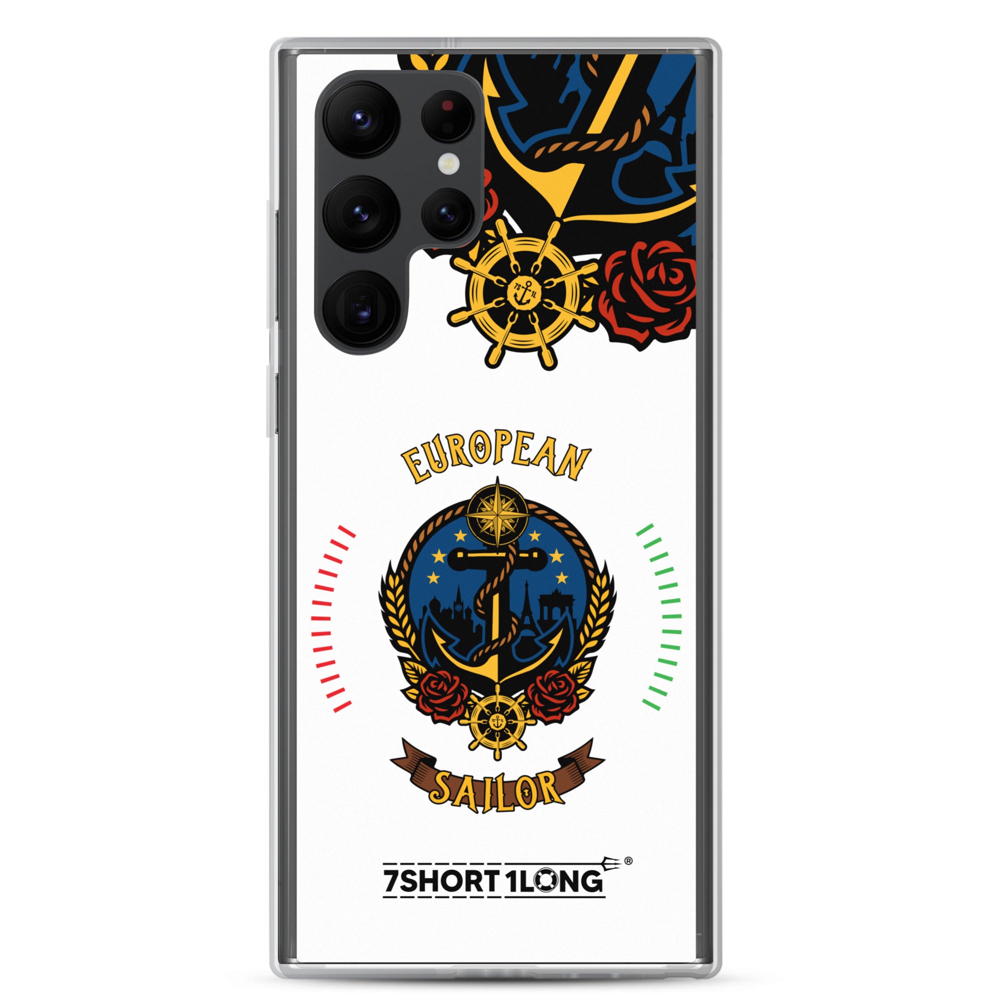 Clear Samsung Galaxy S22 Ultra case with European sailor anchor design by 7SHORT1LONG® featuring seafarer nautical artwork.
