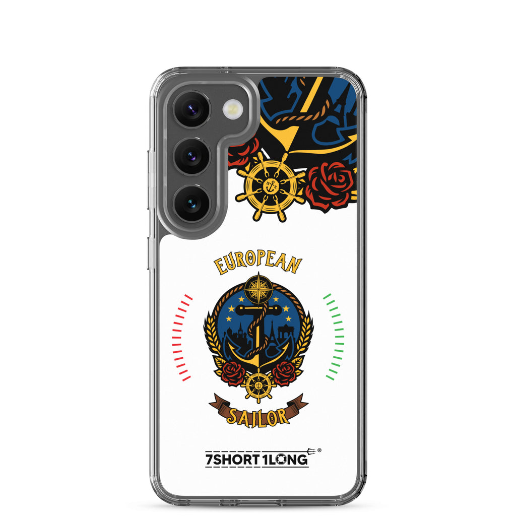 Clear Samsung Galaxy S23 case featuring a European sailor seafarer anchor design by 7SHORT1LONG®