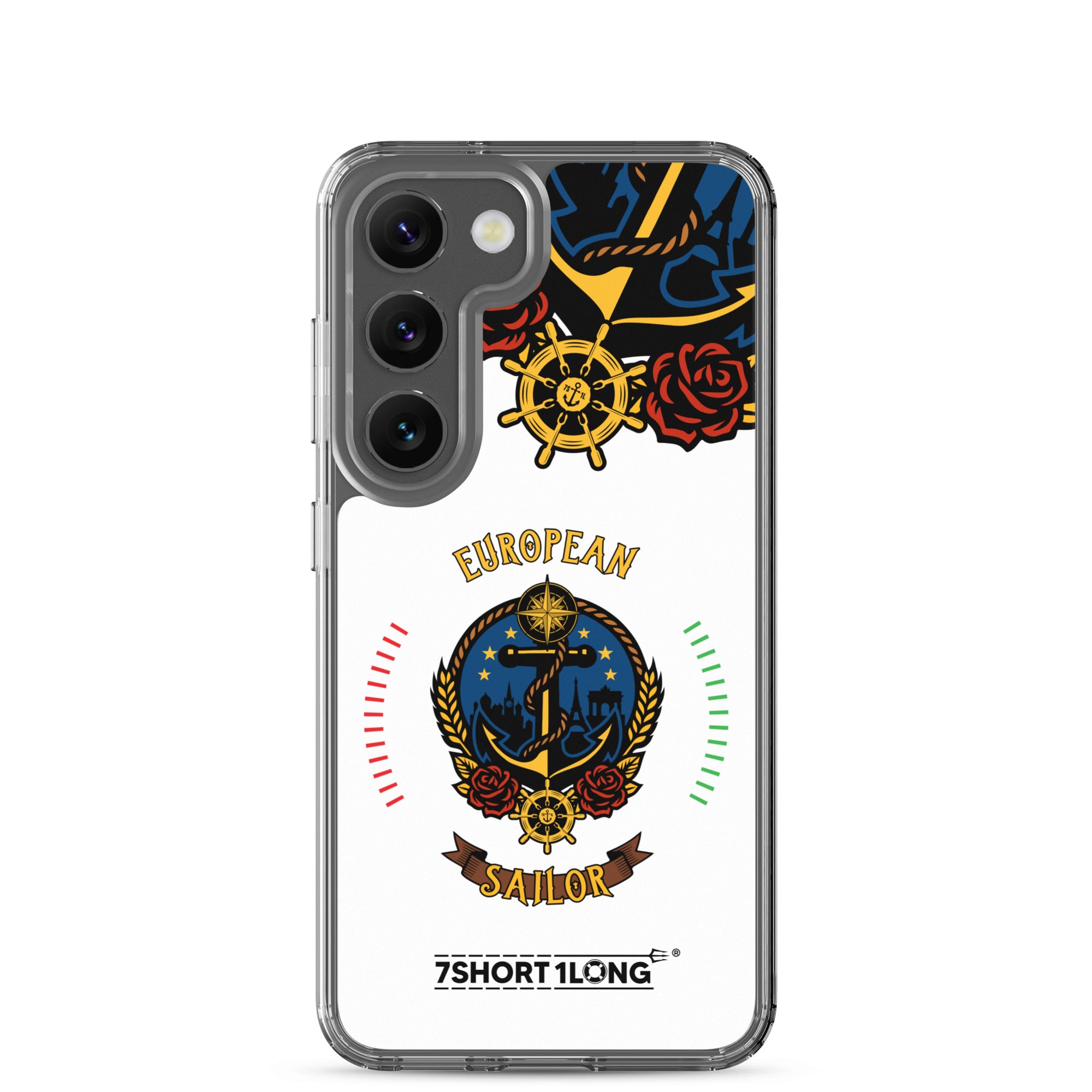 Clear Samsung Galaxy S23 case featuring a European sailor seafarer anchor design by 7SHORT1LONG®