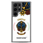 Clear Samsung Galaxy S23 Ultra case with European sailor anchor design by 7SHORT1LONG® showing the phone inside the protective cover