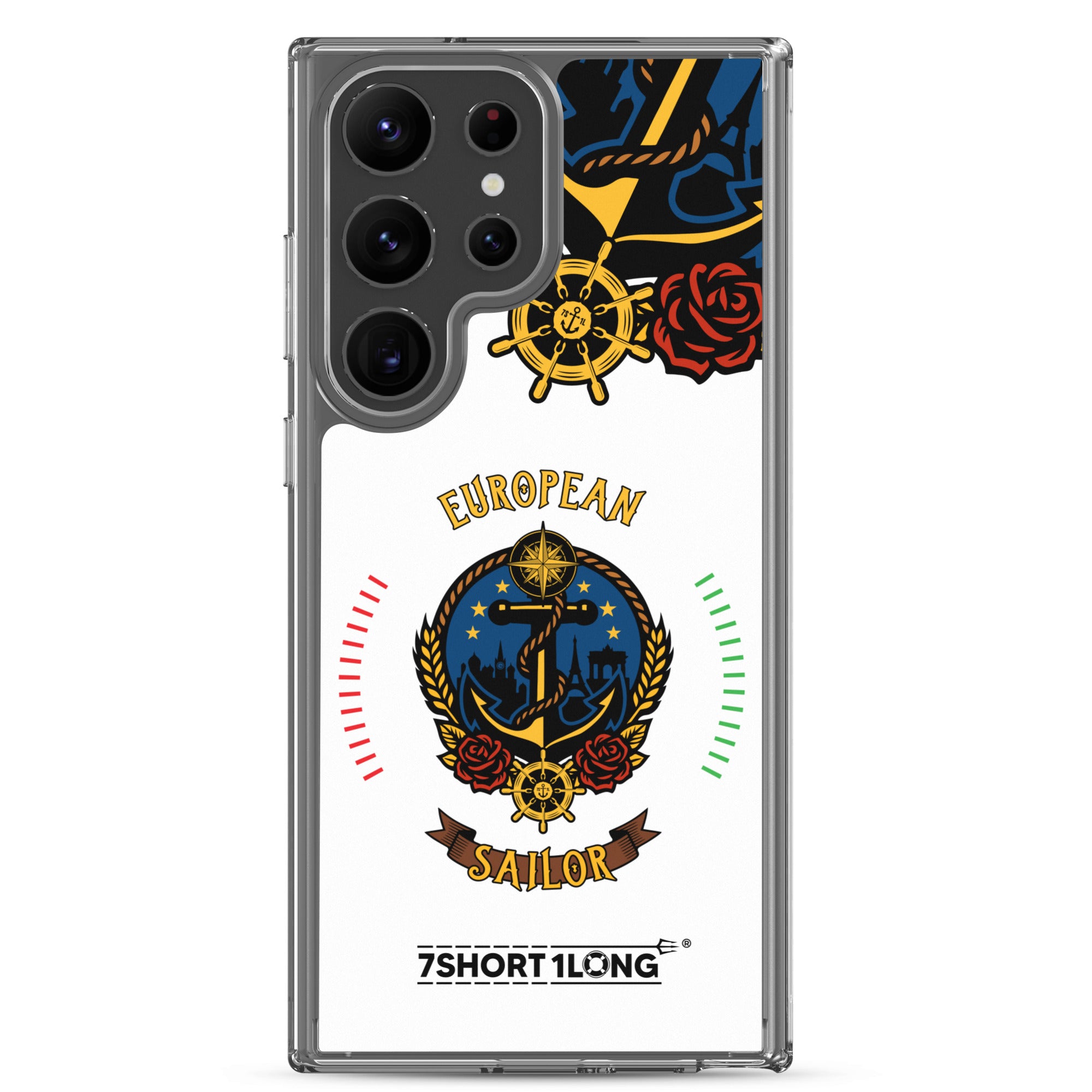Clear Samsung Galaxy S23 Ultra case with European sailor anchor design by 7SHORT1LONG® showing the phone inside the protective cover