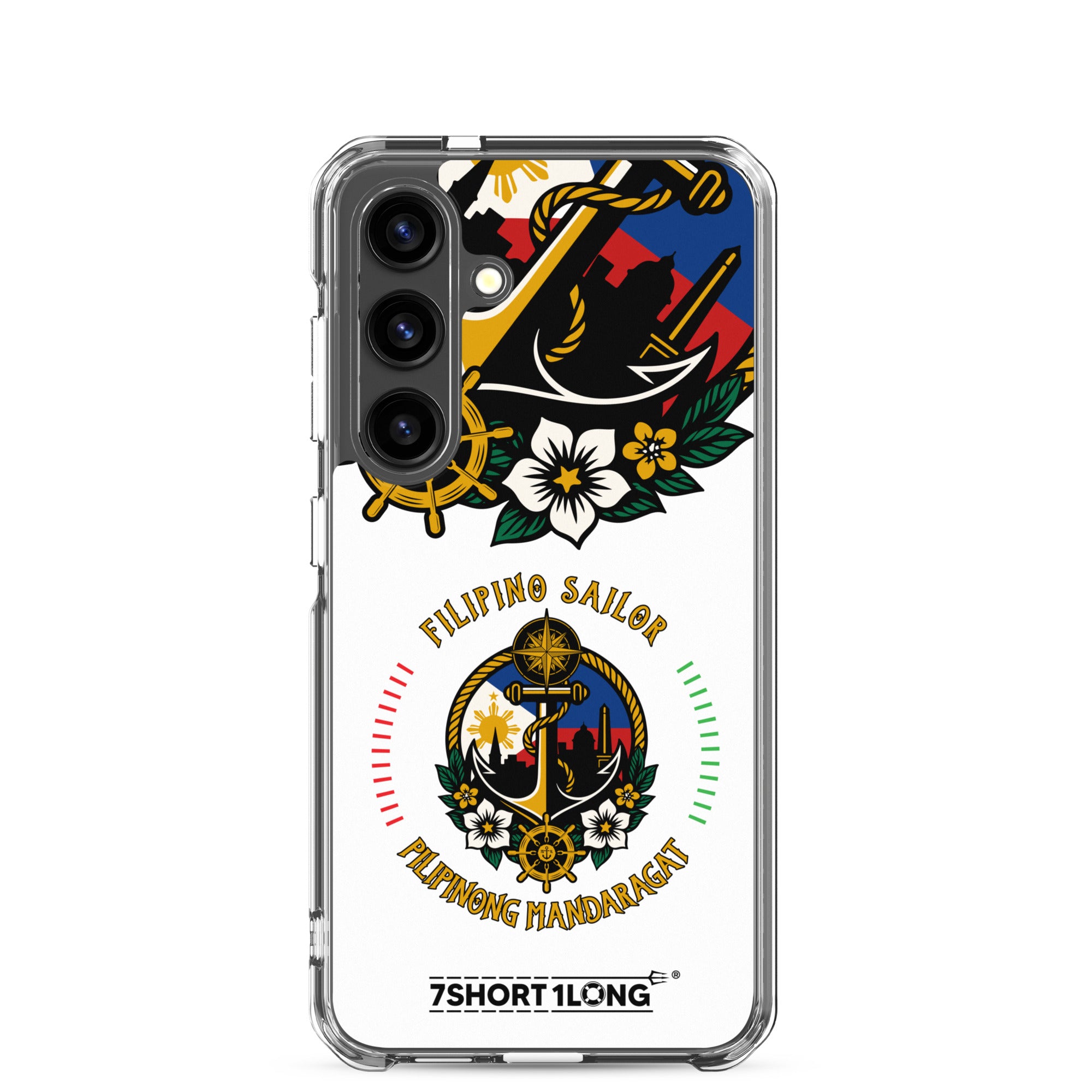 Clear Samsung Galaxy S24 case featuring a Filipino nautical seafarer anchor design by 7SHORT1LONG®.