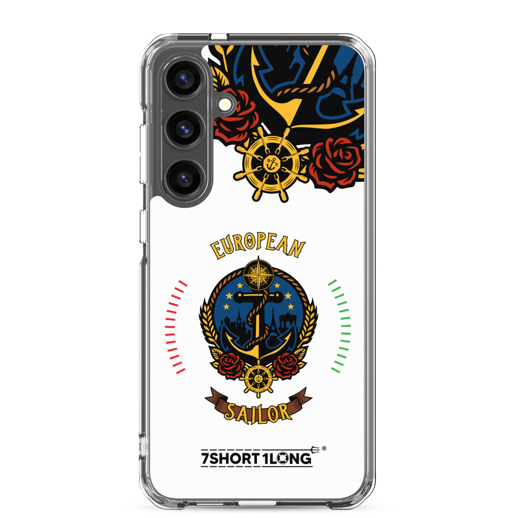 Clear Samsung Galaxy S24+ case featuring a European sailor anchor design by 7SHORT1LONG® with seafarer nautical theme.
