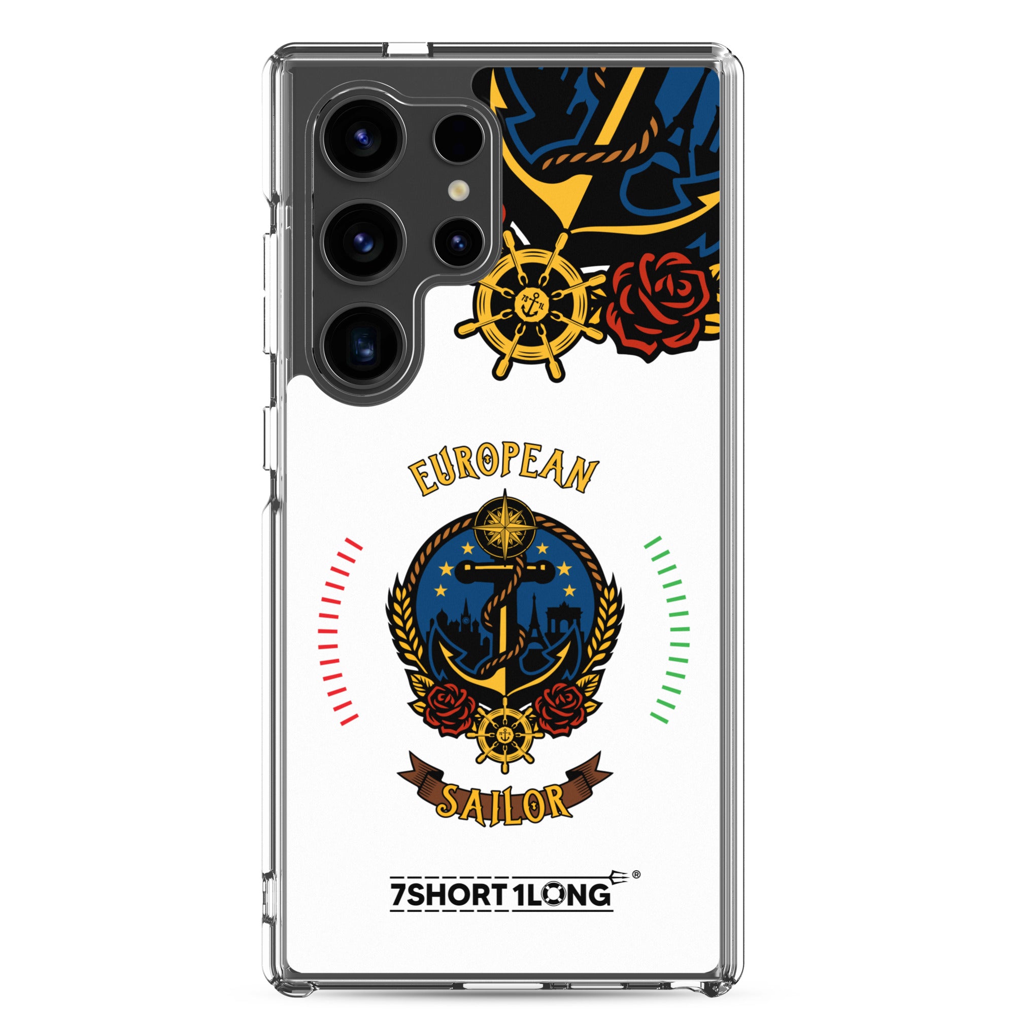 Clear Samsung Galaxy S24 Ultra case featuring a European sailor anchor design by 7SHORT1LONG®.