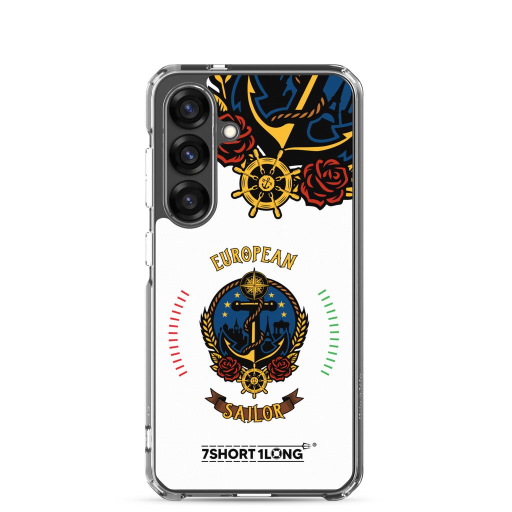 Clear Samsung Galaxy S25 case with European sailor anchor design by 7SHORT1LONG® featuring maritime-themed artwork on the back.