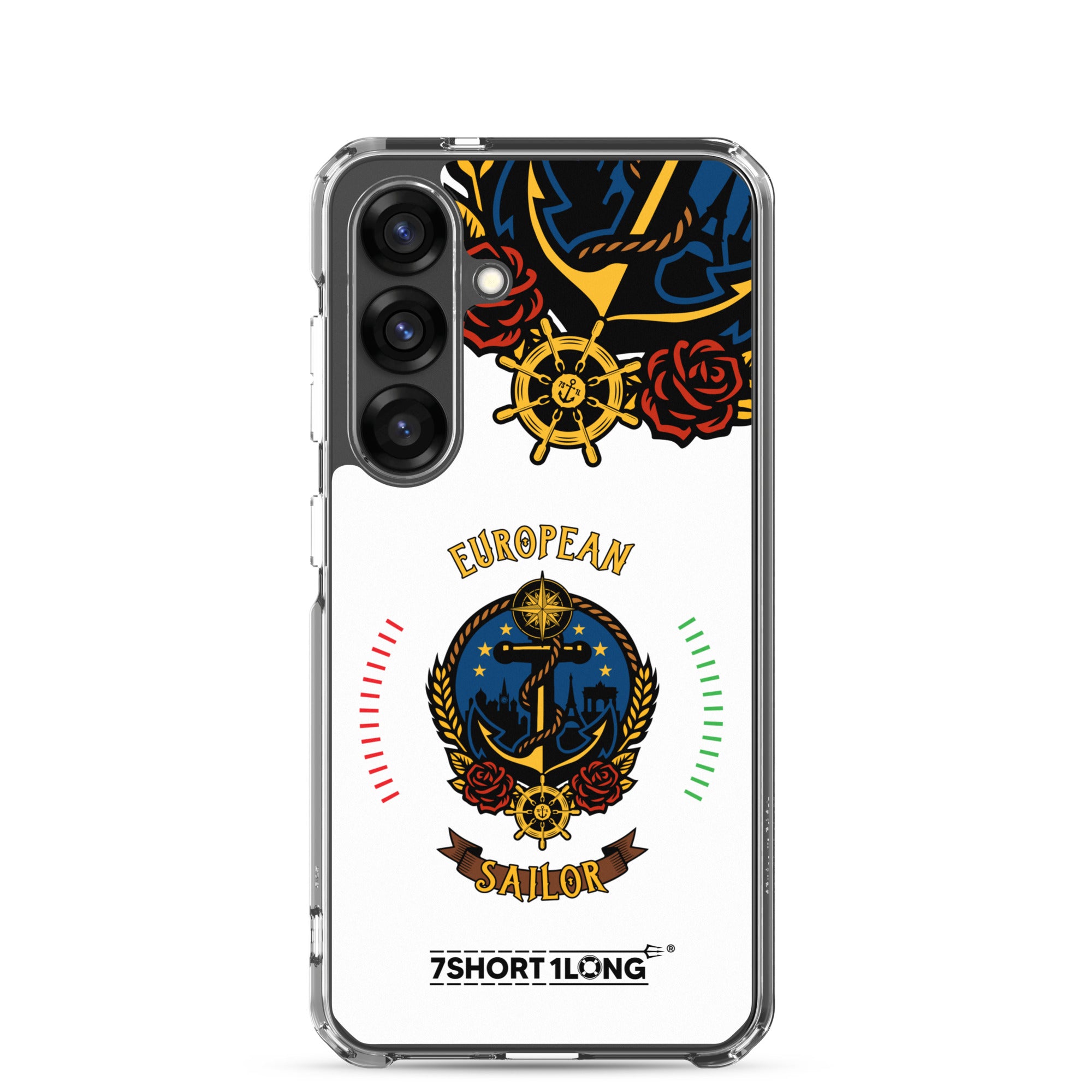 Clear Samsung Galaxy S25 case with European sailor anchor design by 7SHORT1LONG® featuring maritime-themed artwork on the back.