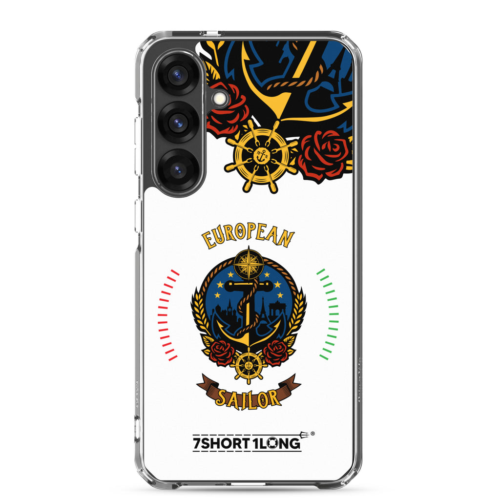 Clear Samsung Galaxy S25+ case with European sailor anchor design by 7SHORT1LONG® featuring nautical-themed artwork.