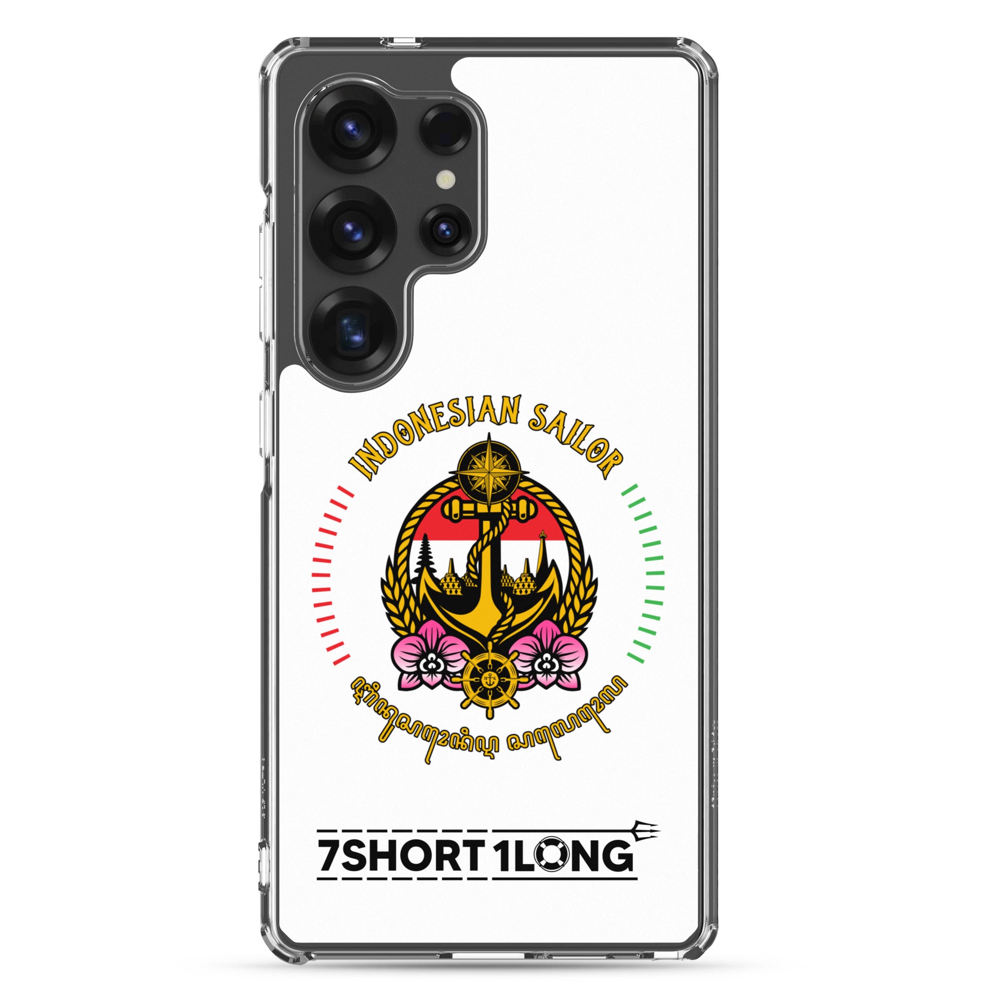 Samsung phone case with Indonesian Sailor design featuring maritime anchor emblem, nautical symbols, Indonesian crew identity, and 7SHORT1LONG logo. Main image