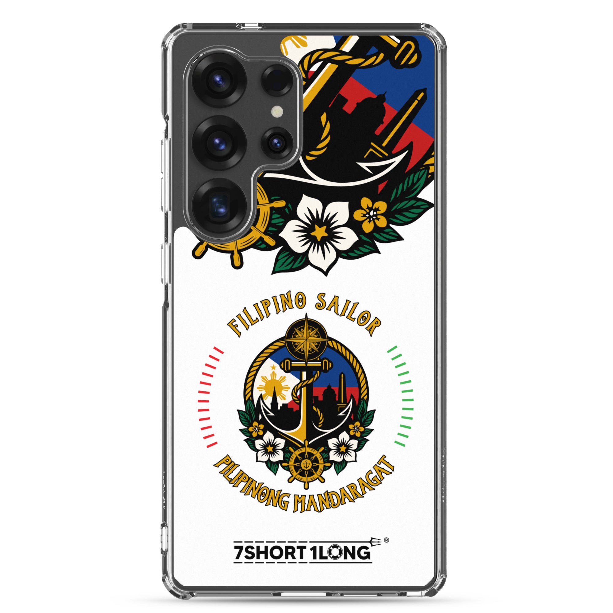 Clear Samsung Galaxy S25 Ultra case featuring a Filipino seafarer anchor nautical design by 7SHORT1LONG®.