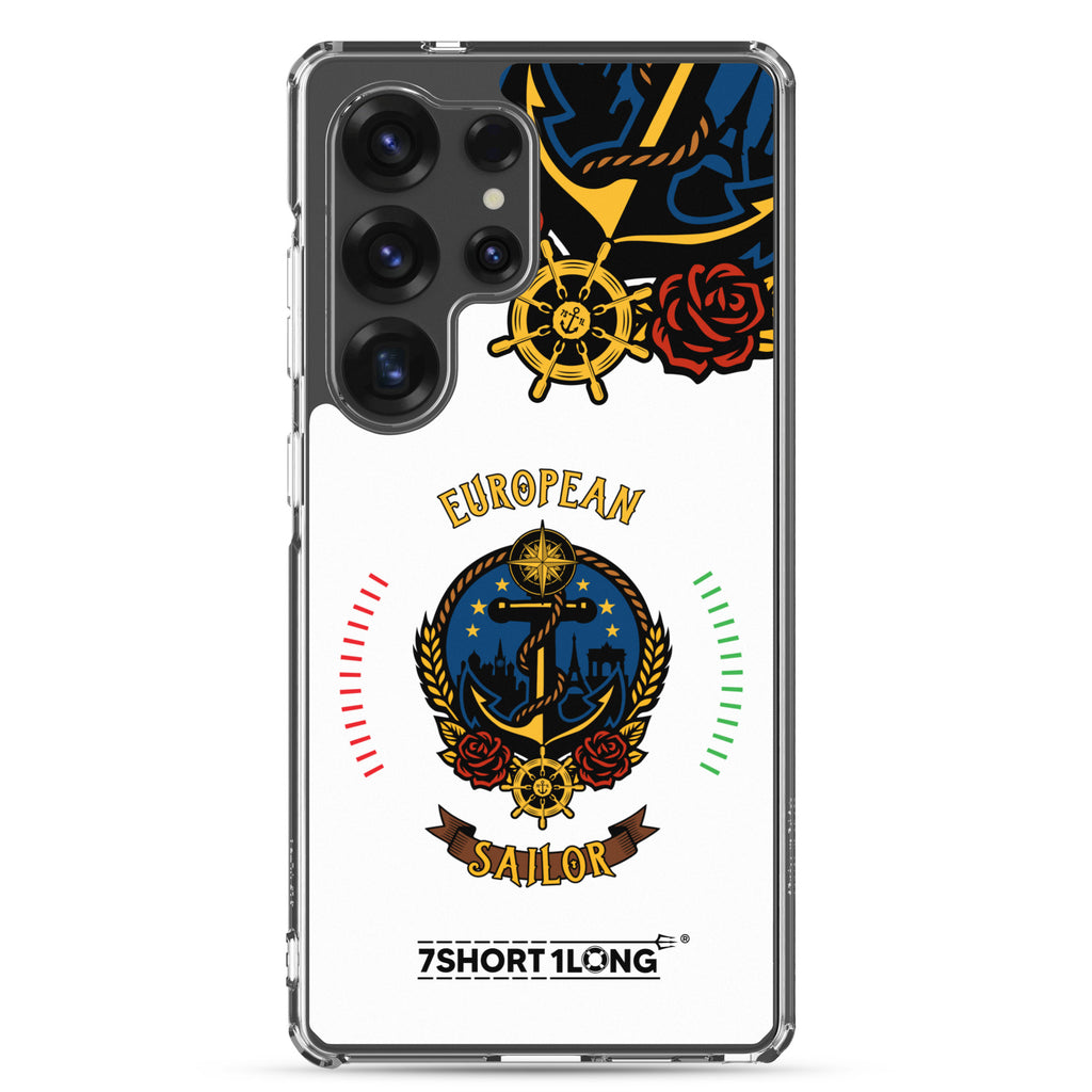 Clear Samsung Galaxy S25 Ultra case featuring a European sailor seafarer anchor design by 7SHORT1LONG®.