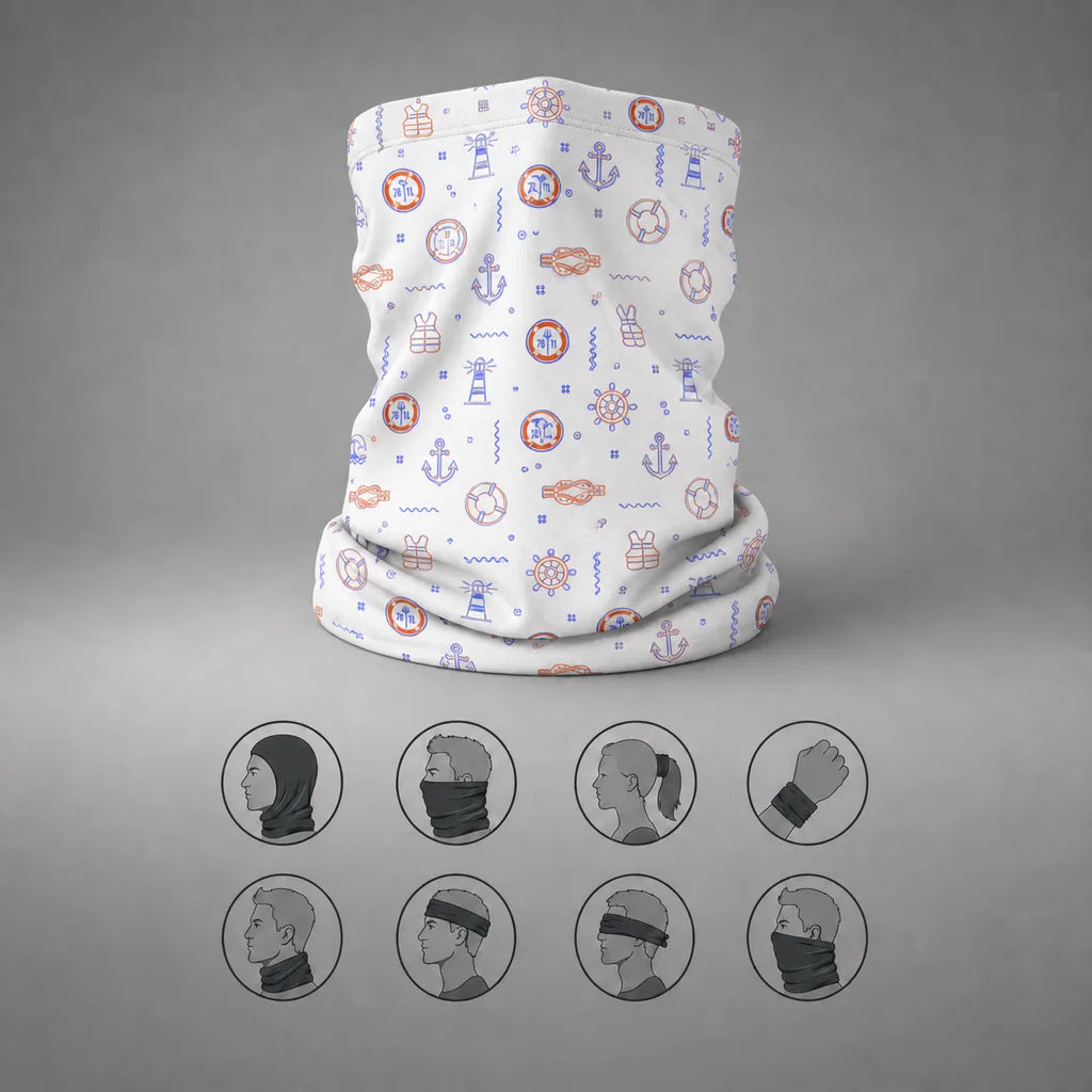 White US Coast Guard neck gaiter with orange and blue maritime line pattern, upright front view with eight wearing-style icons.