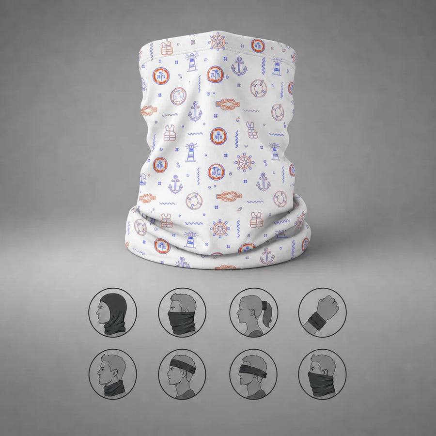 White US Coast Guard neck gaiter with orange and blue maritime line pattern, upright front view with eight wearing-style icons.