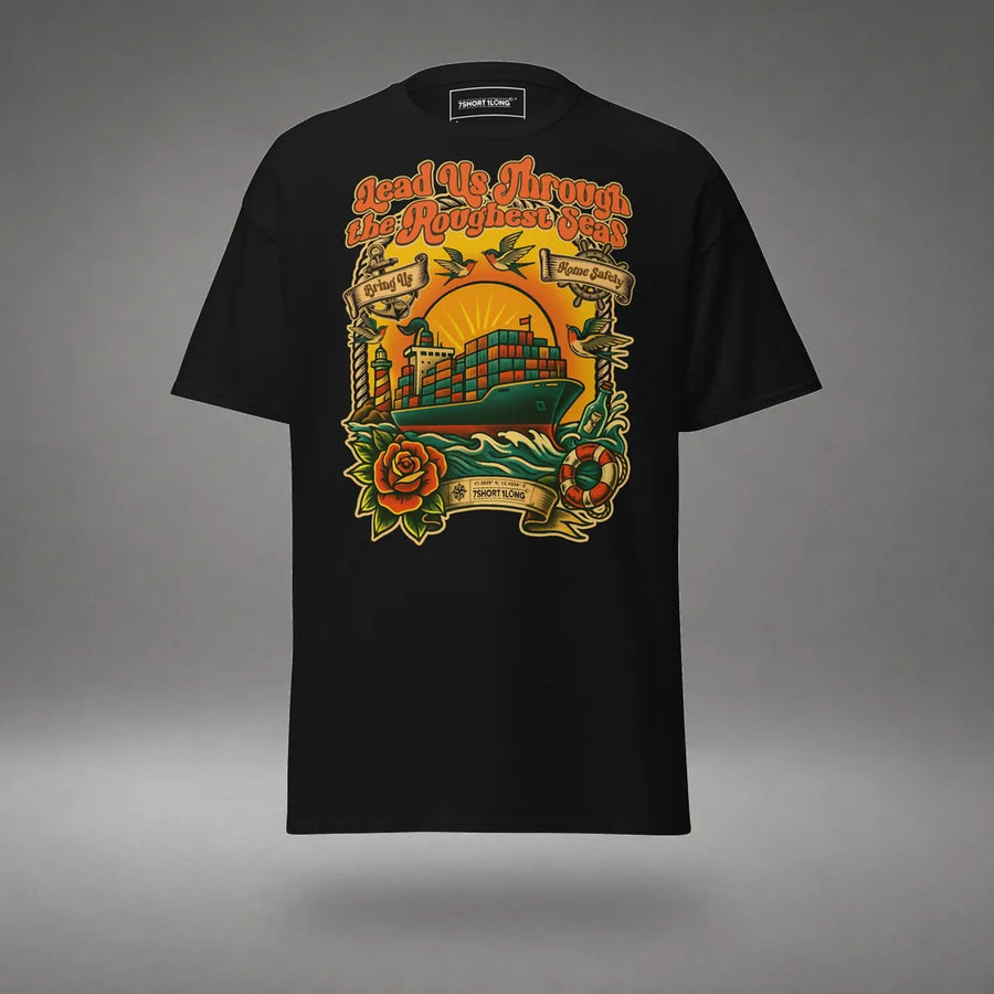 Container Ship Seafarer Tattoo T-Shirt in Black, front view, floating over a gray studio floor.
