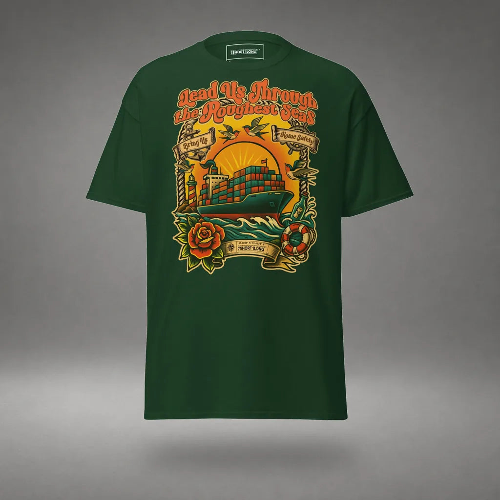 Container Ship Seafarer Tattoo T-Shirt in Forest Green, front view, floating over a gray studio floor.