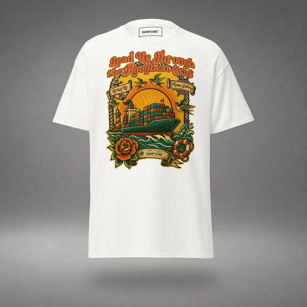 Container Ship Seafarer Tattoo T-Shirt in White, front view, floating over a gray studio floor.