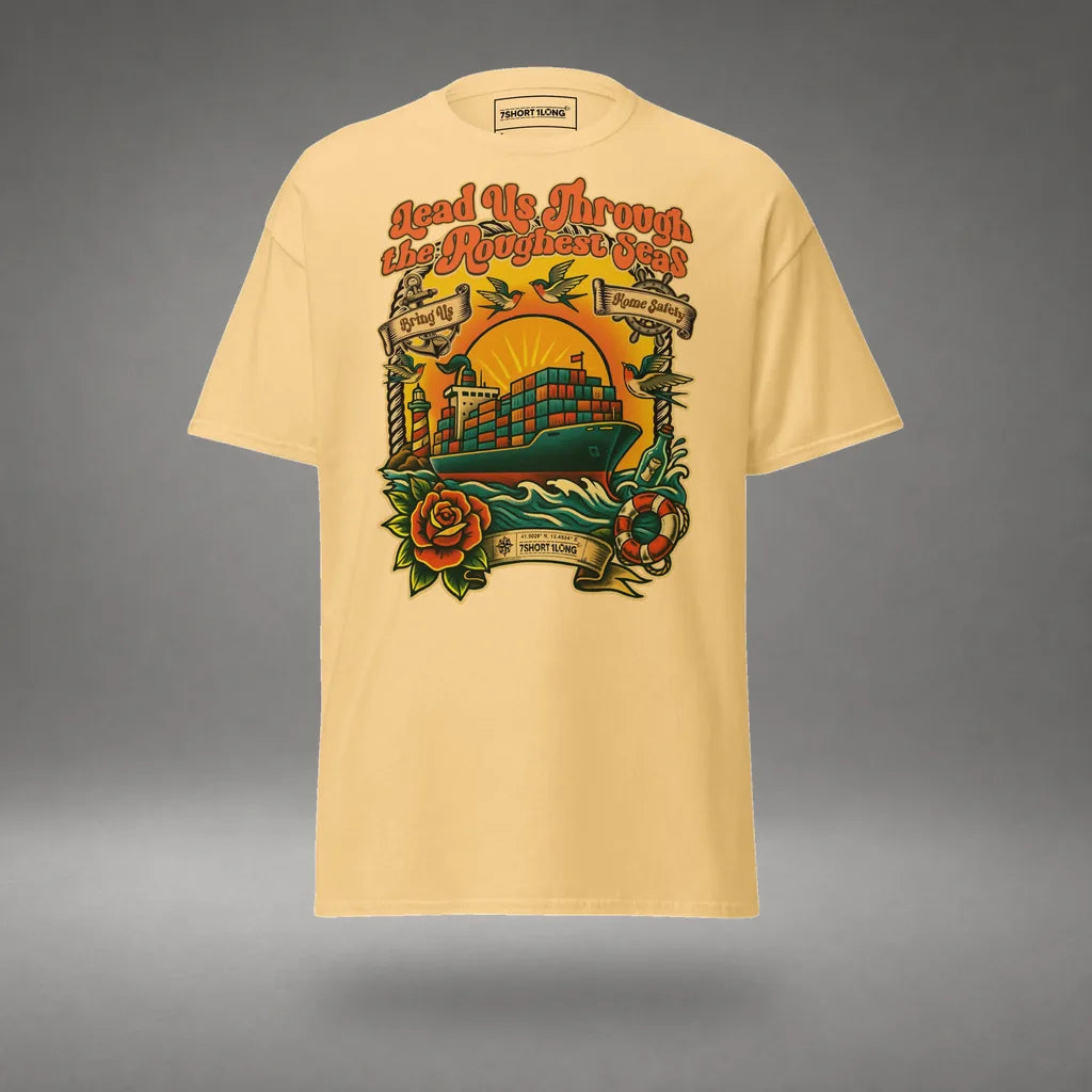 Container Ship Seafarer Tattoo T-Shirt in Yellow Haze, front view, floating over a gray studio floor.