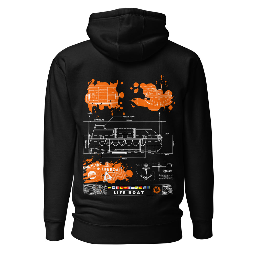 Crew hoodie inspired by lifeboat operations and SOLAS safety regulations, representing abandon ship procedures and maritime survival readiness.