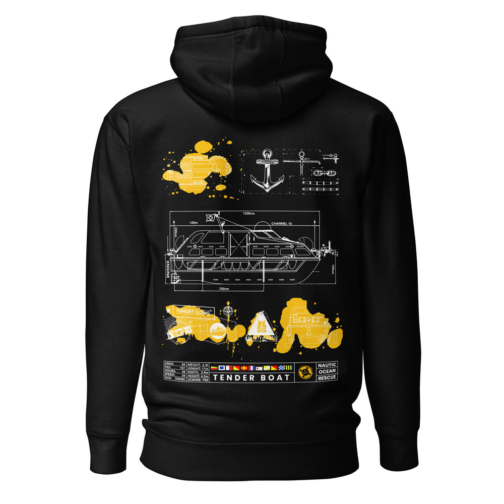 Crew hoodie representing tender boat operations and safety at sea, inspired by small craft handling, crew transfers, and maritime safety procedures.