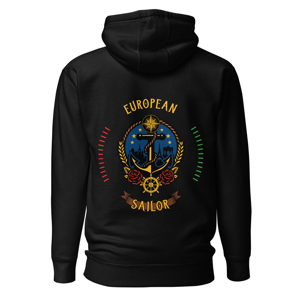Unisex black European Sailor Hoodie by 7SHORT1LONG® featuring a cotton heritage fabric and maritime-inspired design.