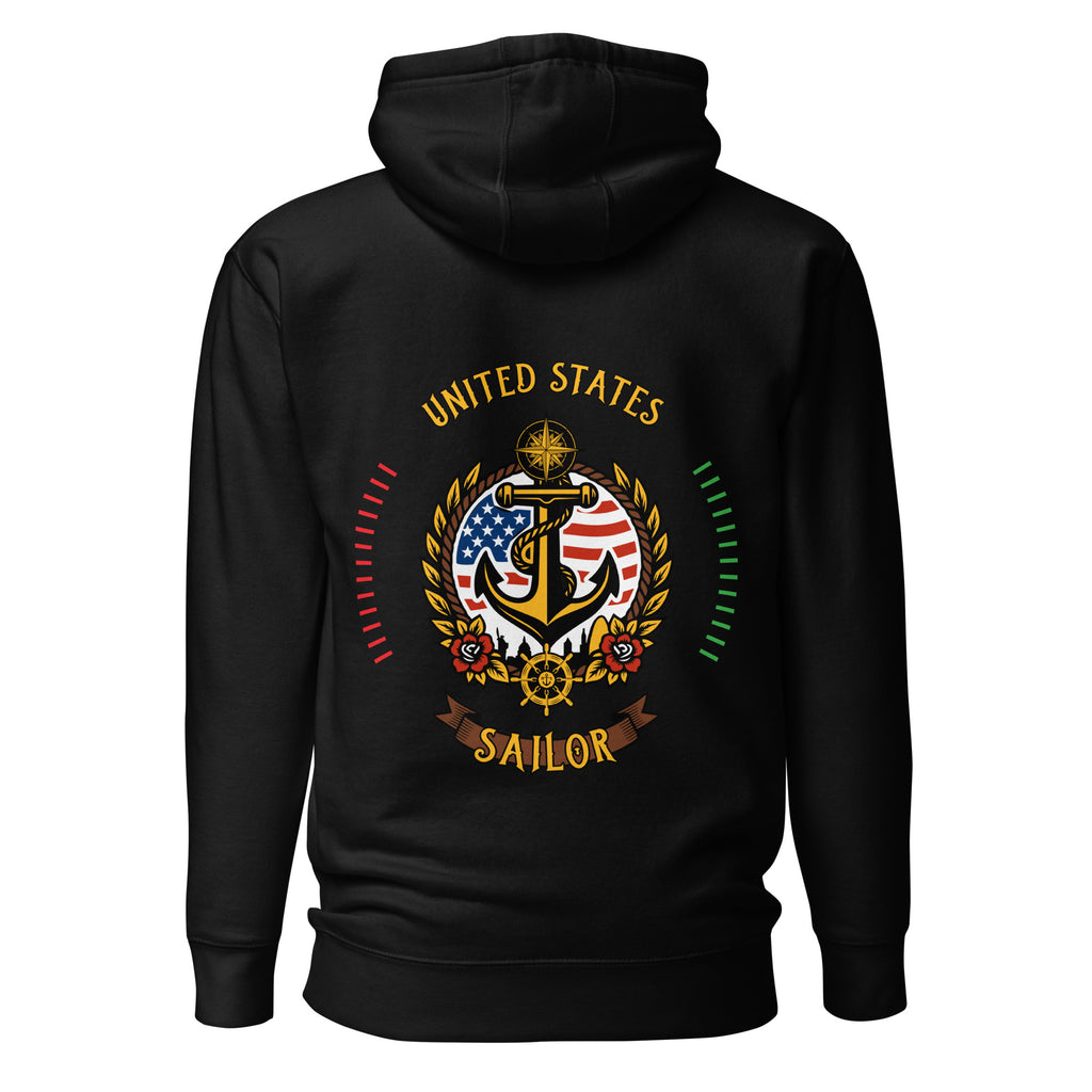 black seafarer hoodie with us sailor nautical anchor compass emblem, maritime sailor apparel and ocean seaman lifestyle clothing