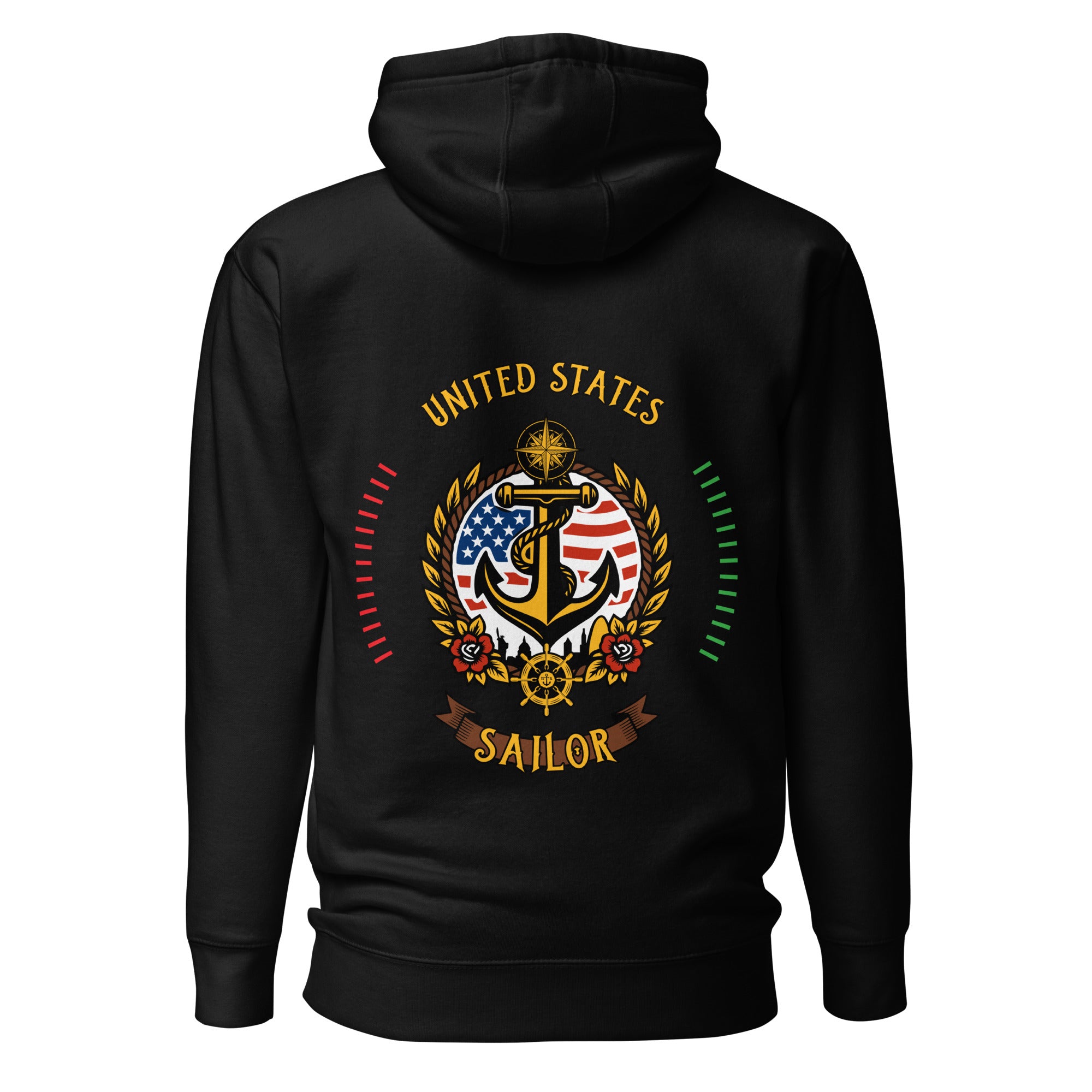 black seafarer hoodie with us sailor nautical anchor compass emblem, maritime sailor apparel and ocean seaman lifestyle clothing