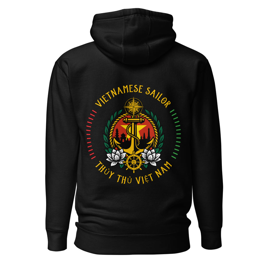 black seafarer hoodie with vietnamese sailor nautical anchor compass emblem, maritime sailor apparel and ocean seaman lifestyle clothing
