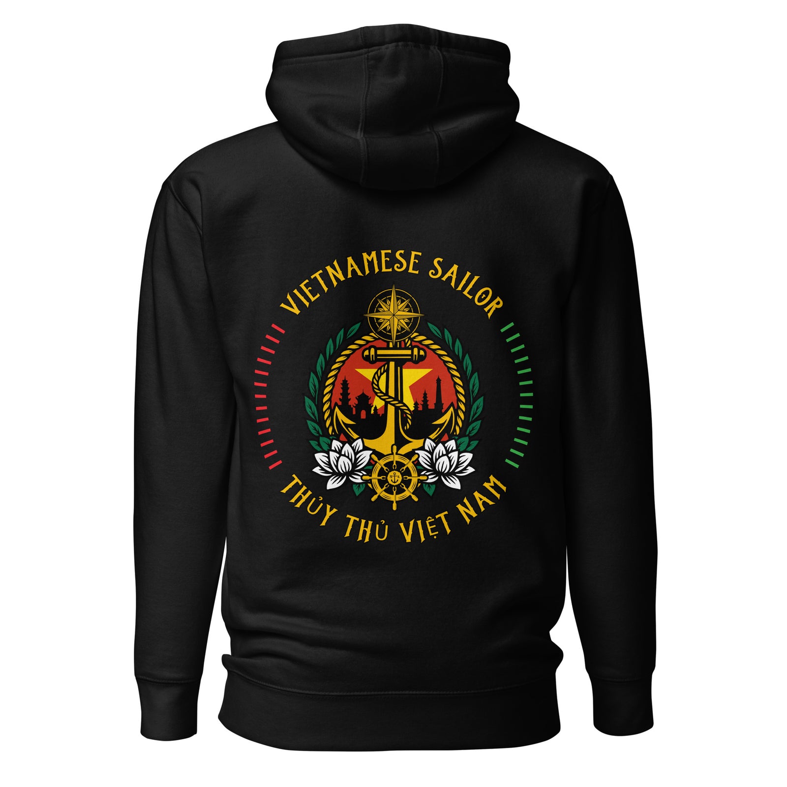 Unisex black Vietnamese Sailor Hoodie by 7SHORT1LONG® featuring a cotton heritage fabric and a back design.