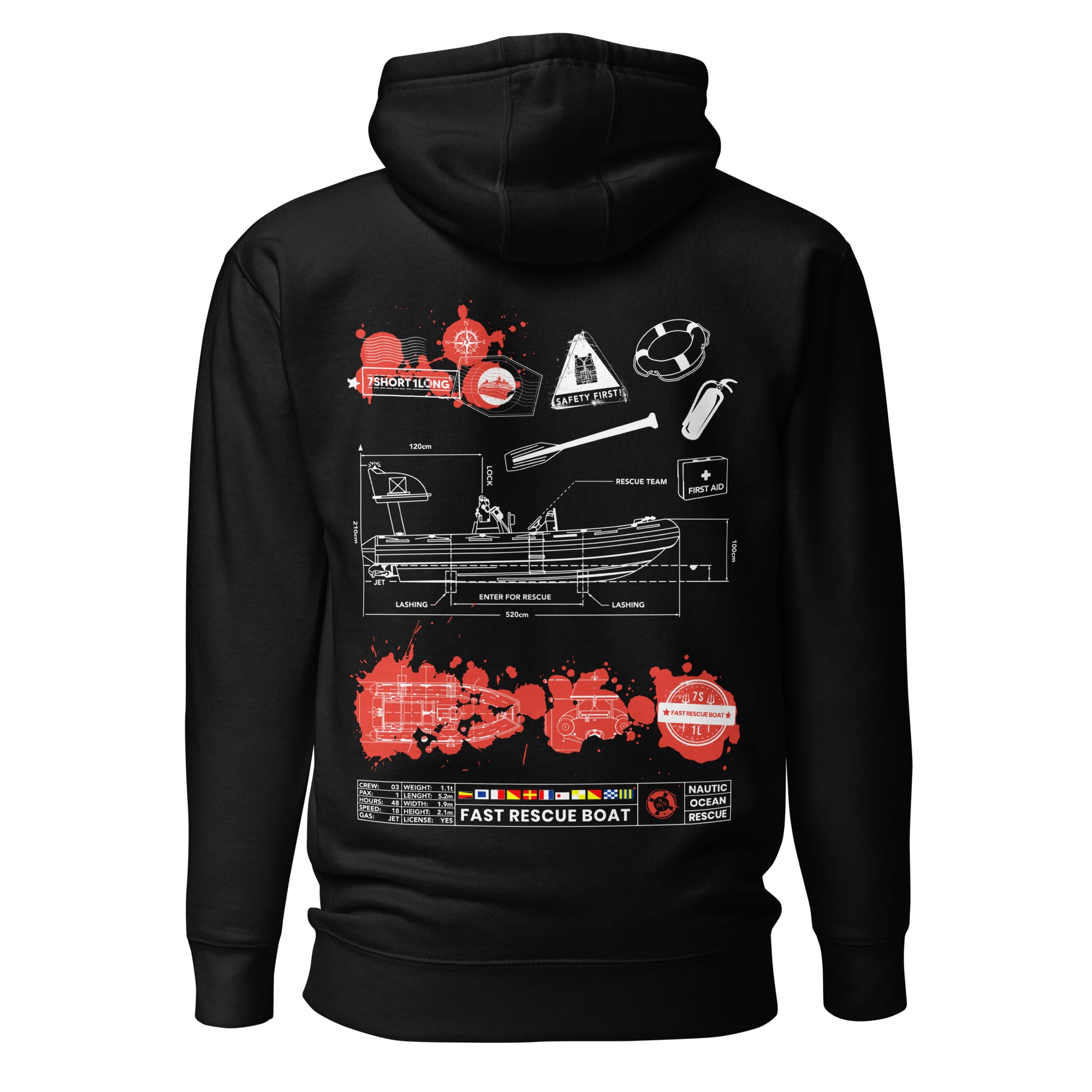 Unisex black cotton hoodie from 7SHORT1LONG® with "Fast Rescue Boat" logo on the back, premium pullover style.