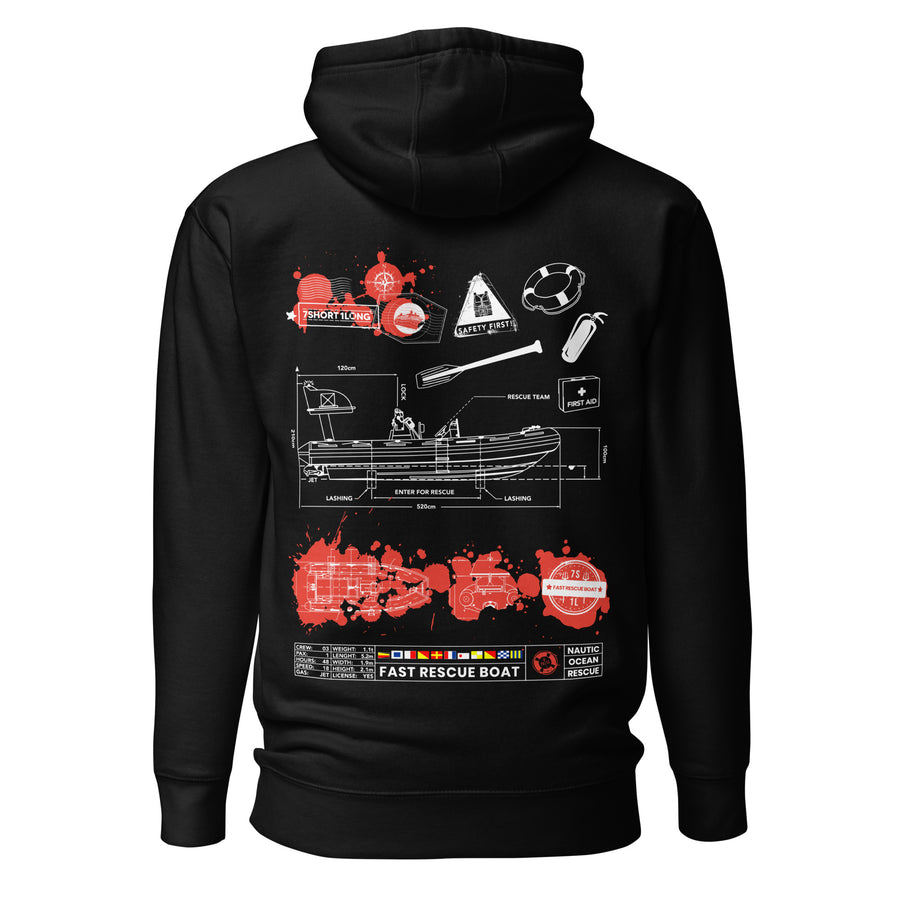 Unisex black cotton hoodie from 7SHORT1LONG® with "Fast Rescue Boat" logo on the back, premium pullover style.