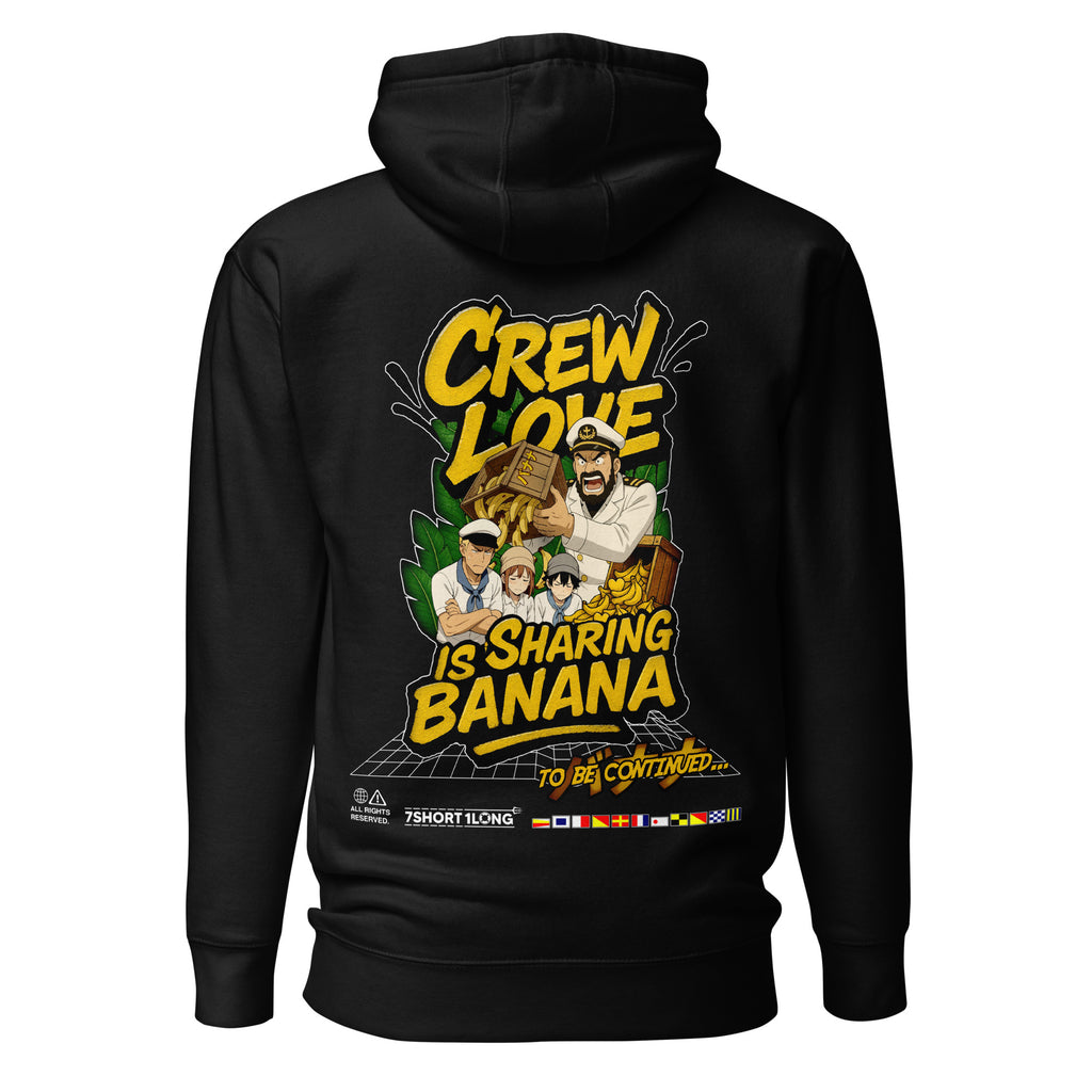 Unisex black Crew Humor Hoodie by 7SHORT1LONG® with "Crew Love Is Sharing Banana" graphic on the back, made of cotton-heritage fabric.